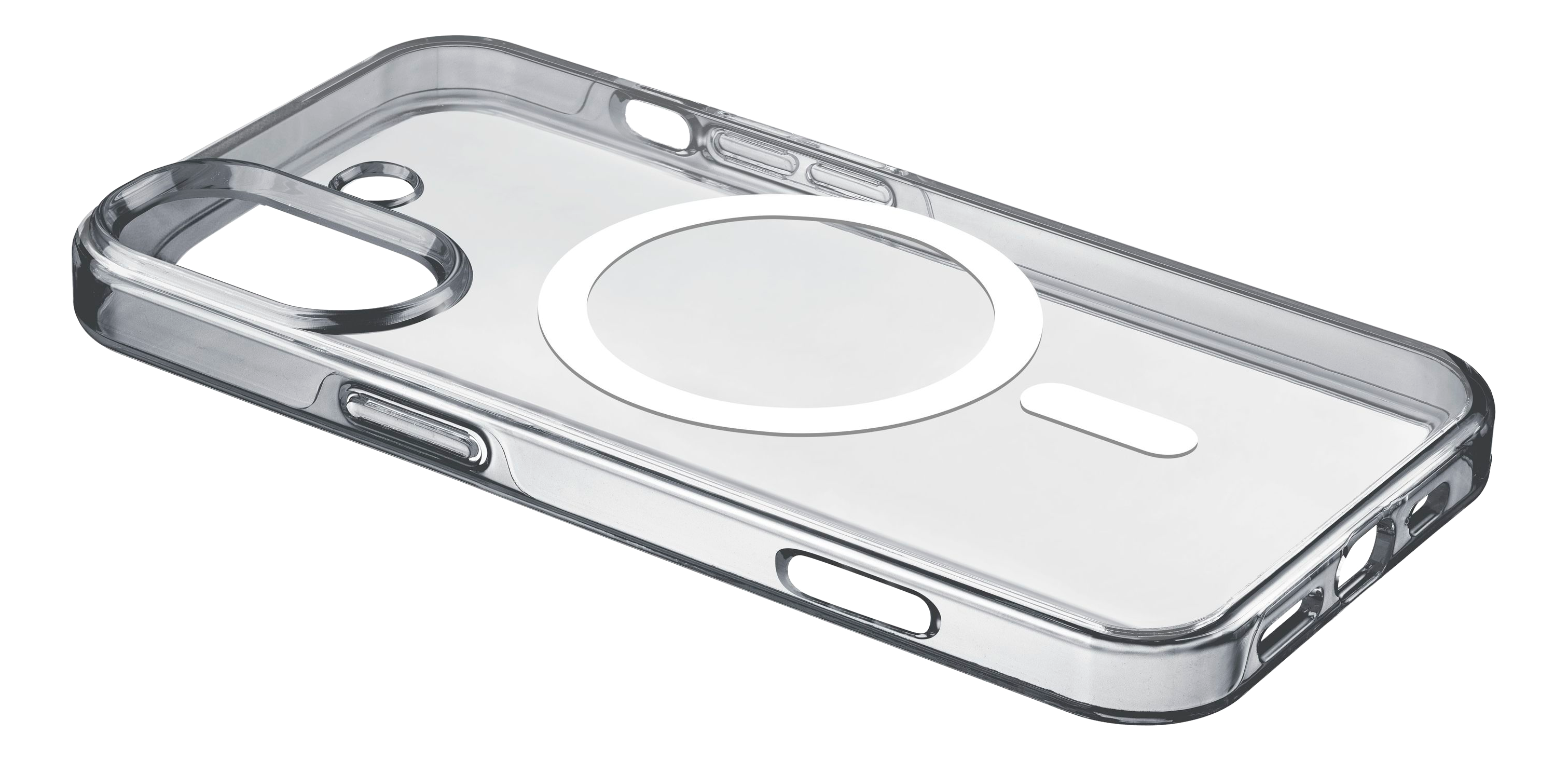 Custodia trasparente per telefono con design a cerchio bianco e sfondo nero.