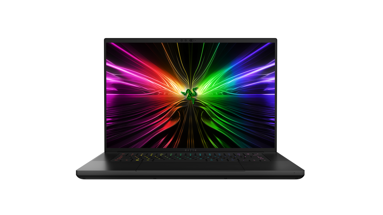 Laptop negro con pantalla colorida. Logotipo de Razer en la pantalla. Fondo oscuro.