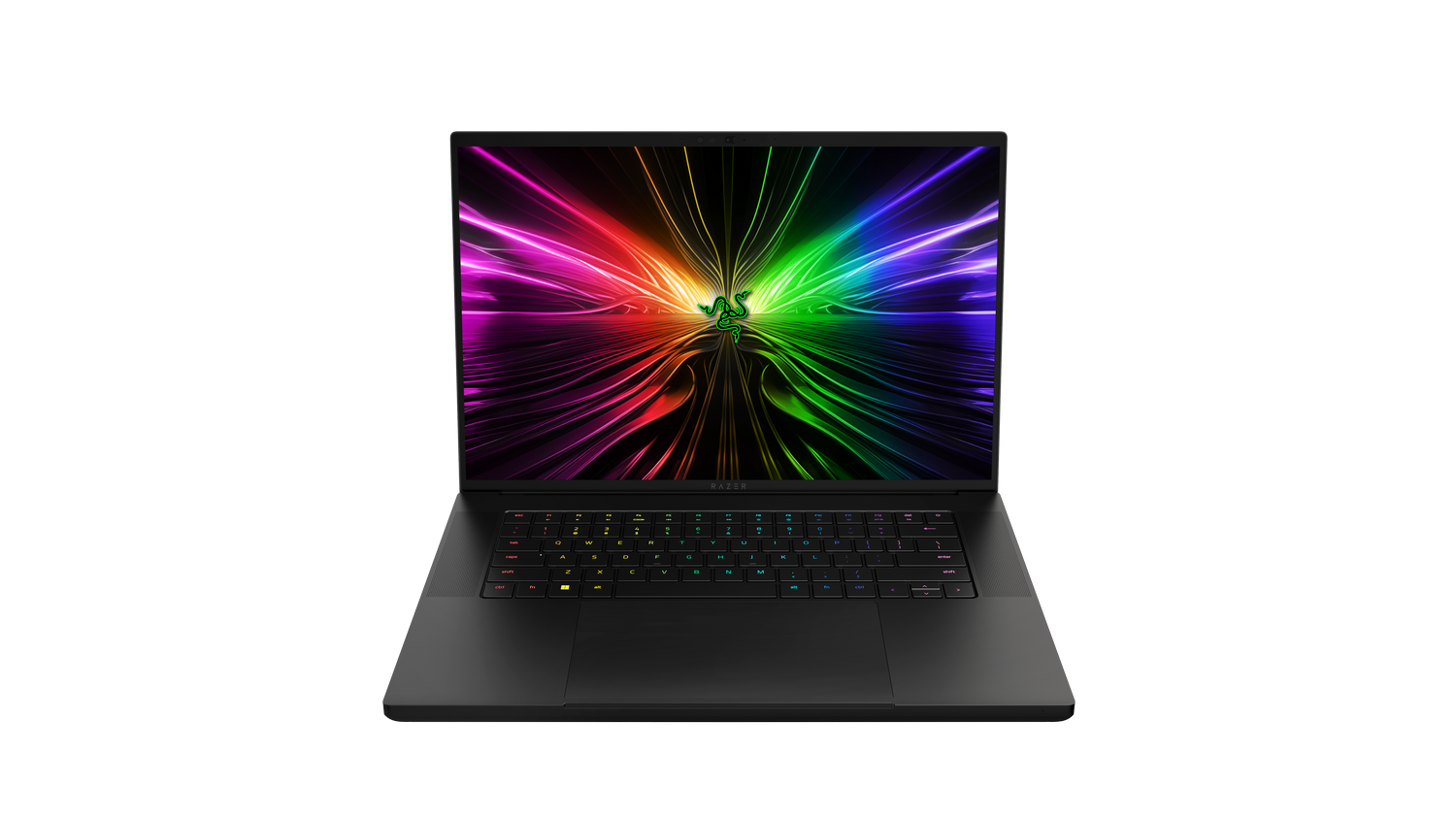 Laptop Razer negro con pantalla colorida. El teclado es visible y el fondo es negro.