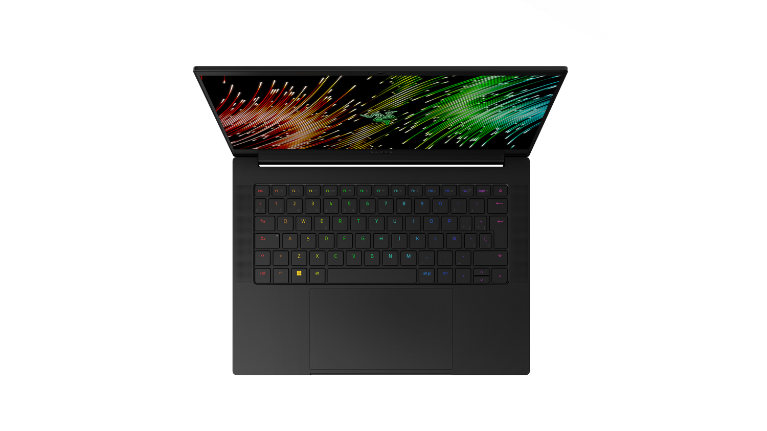 Ordenador portátil negro con teclado colorido sobre superficie negra.