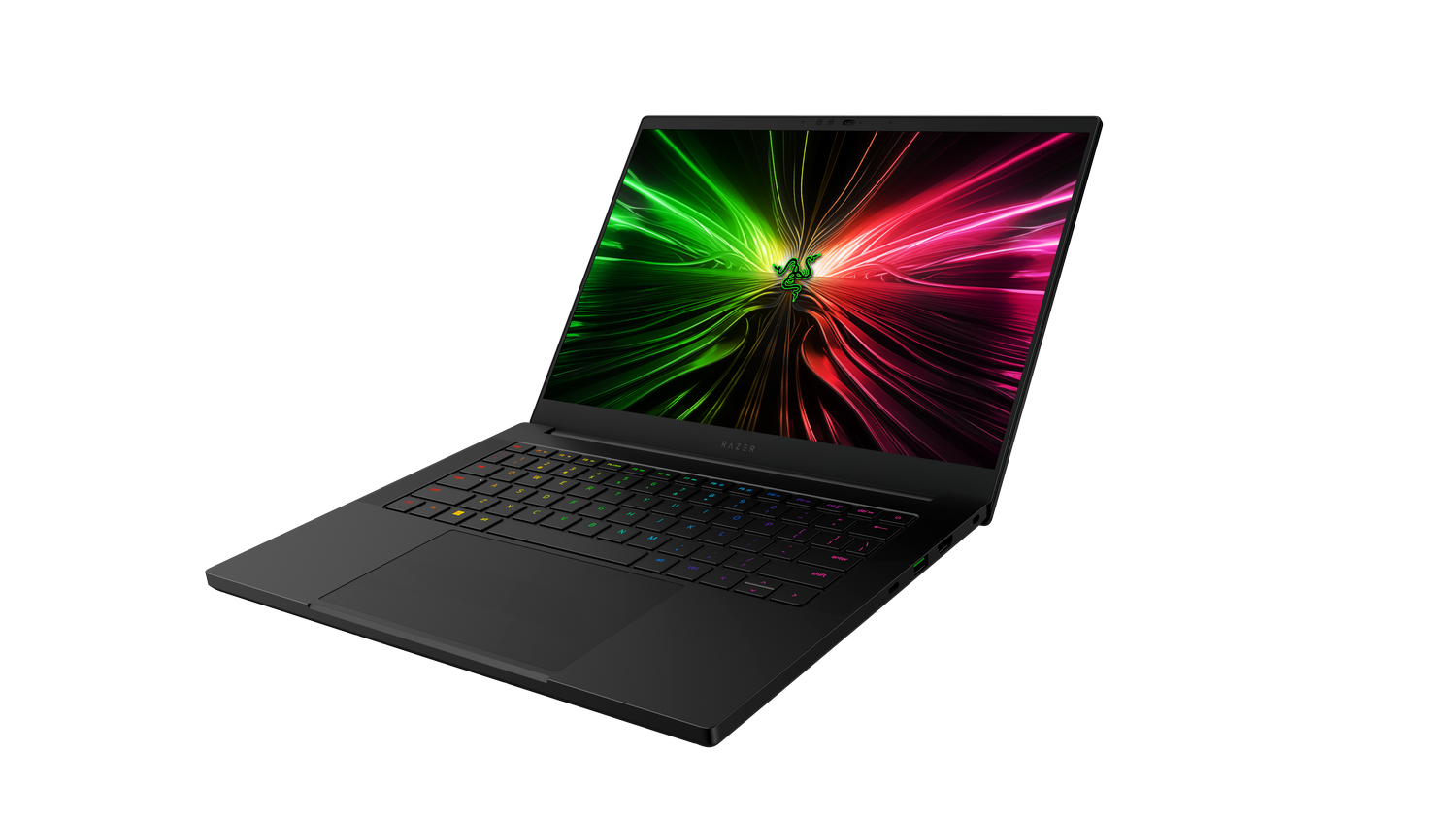 Portátil Razer negro. Pantalla muestra rastros de luz verde y rosa sobre negro.