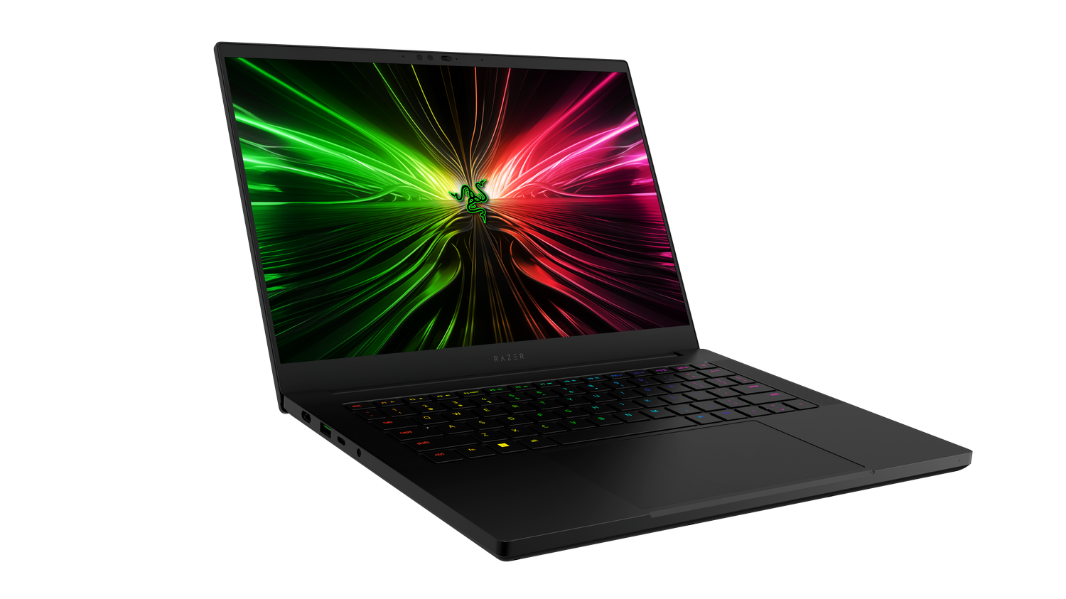 Ordenador portátil negro con teclado iluminado de colores, vista en ángulo.