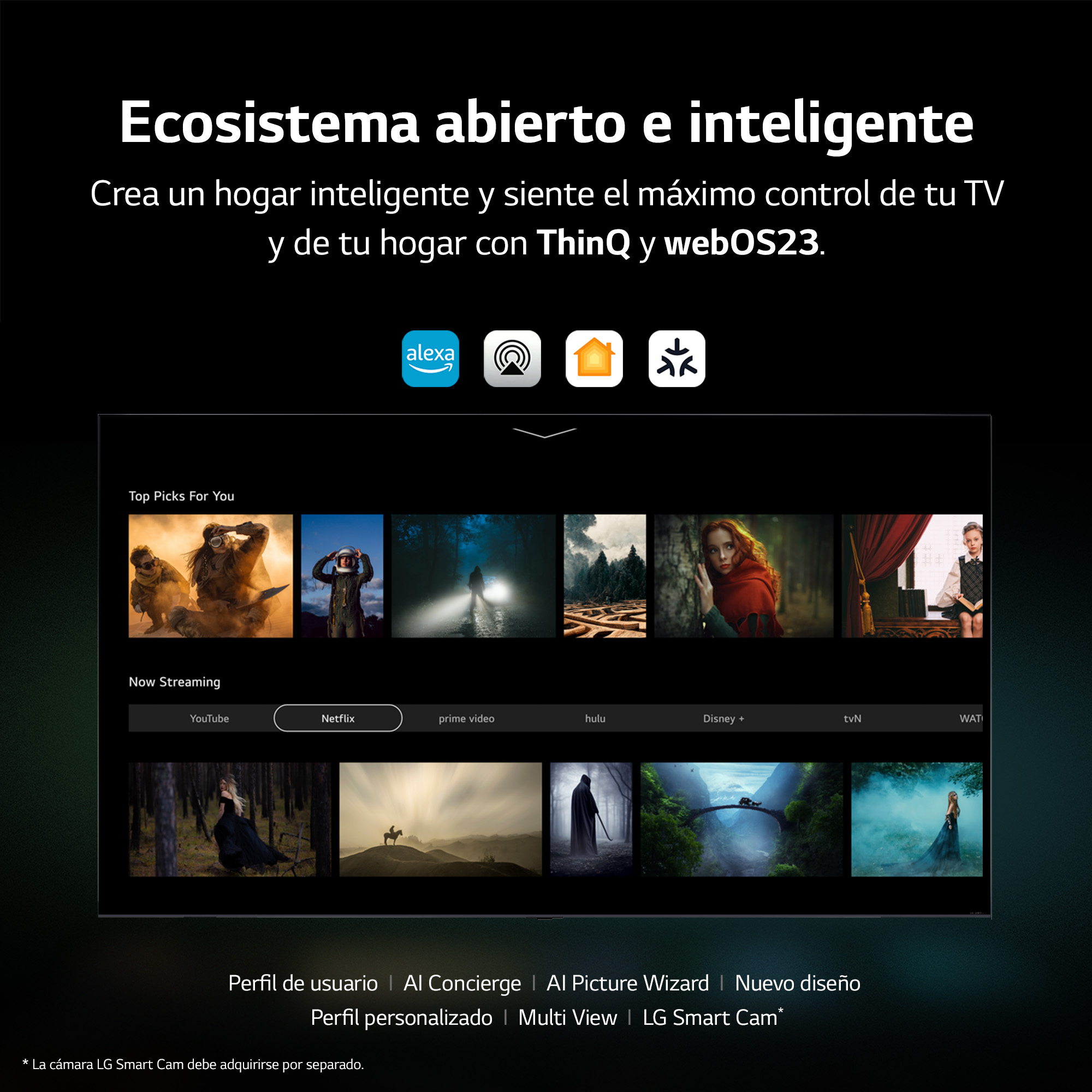 Una pantalla de TV que muestra una interfaz de hogar inteligente. Incluye iconos de aplicaciones.