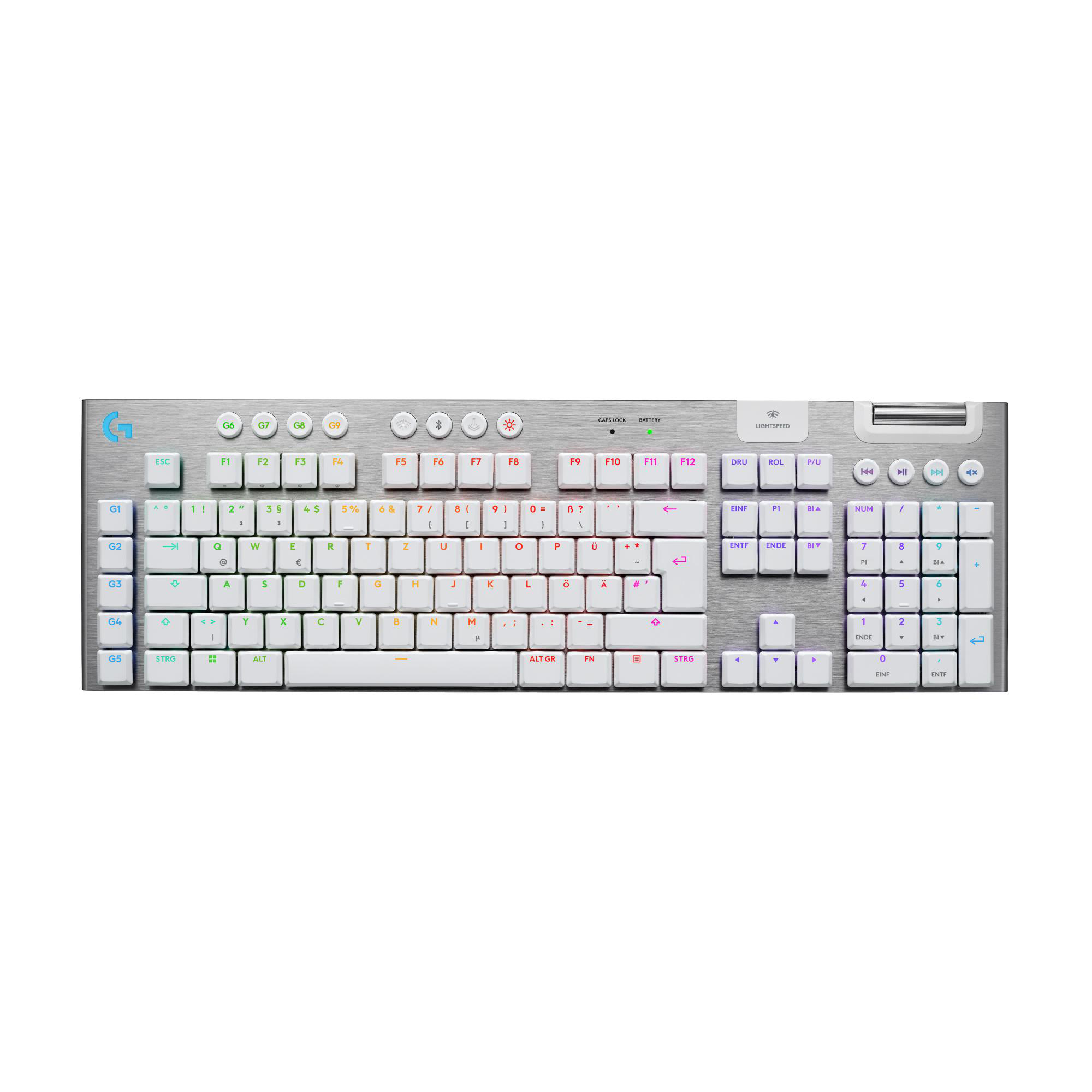 Eine silberne Tastatur mit weißen und farbigen Tasten. Das Logo befindet sich oben links.