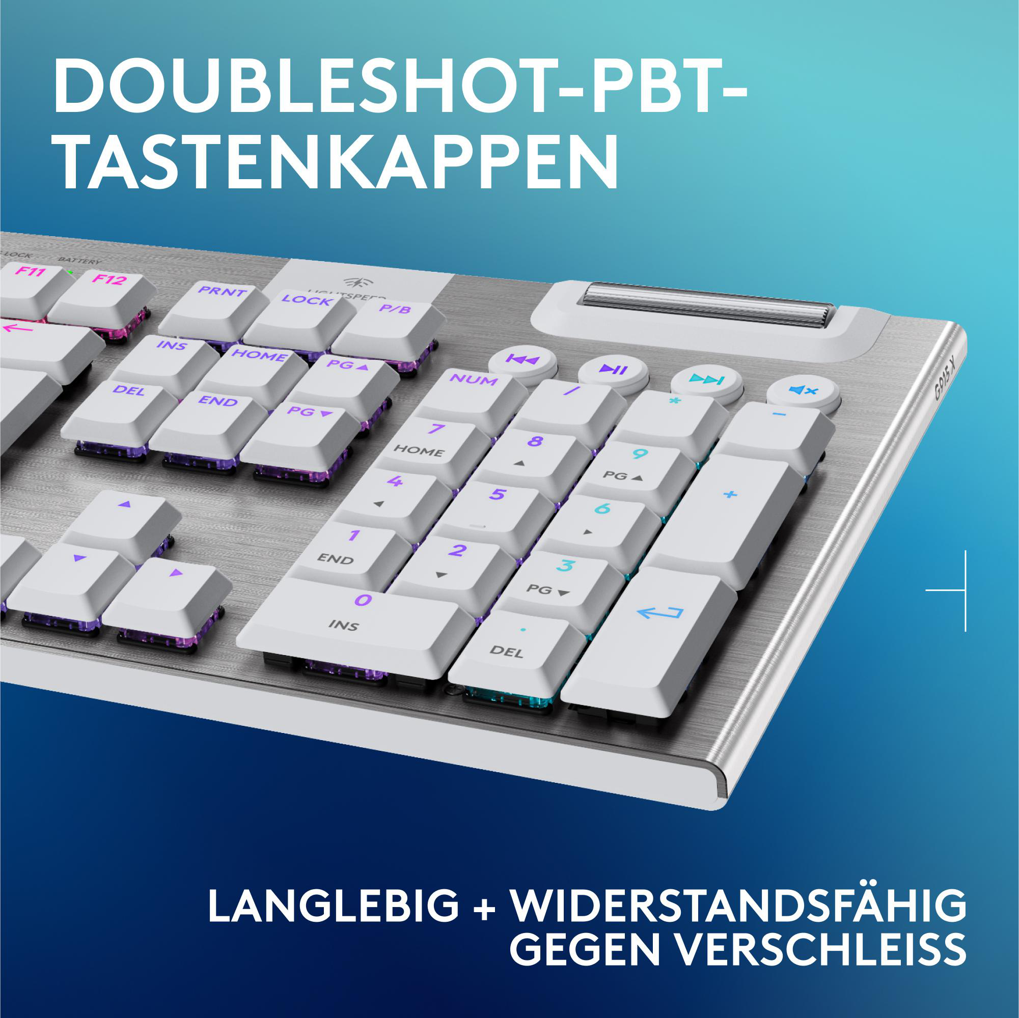 Tastaturtasten mit weißen und lila Buchstaben, auf einem silbernen Rahmen. Der Hintergrund ist blau.