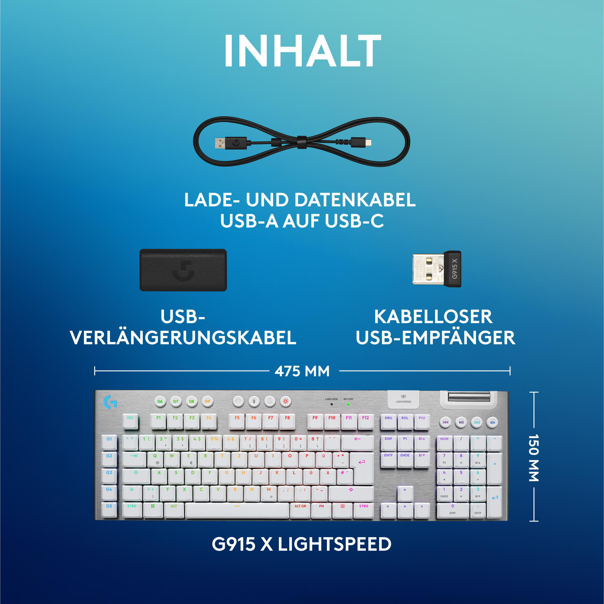 Das Bild zeigt eine Tastatur, Kabel und einen Empfänger. Text sagt 'INHALT' und 'G915 X LIGHTSPEED'.