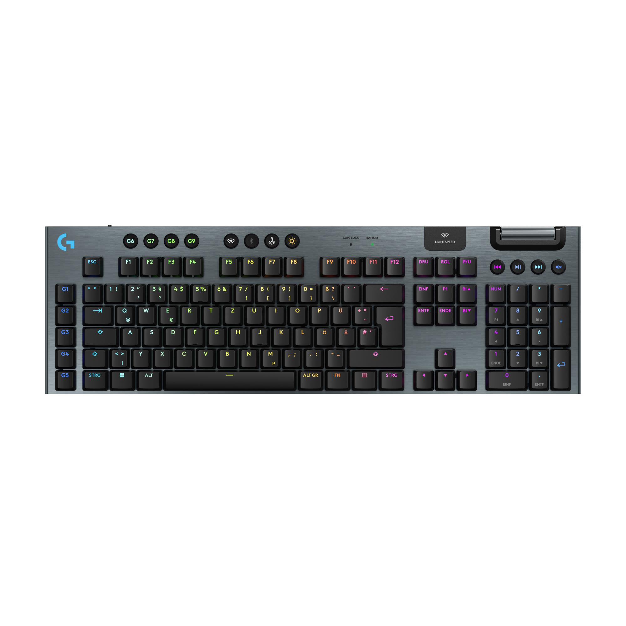 Eine graue Tastatur mit schwarzen und farbigen Tasten und einem Logitech-Logo.