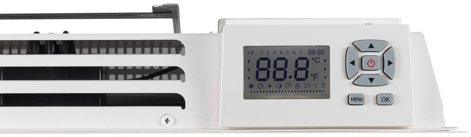 Fehér termosztát digitális kijelzővel. Megmutatja a hőmérsékletet és a beállítás gombokat.