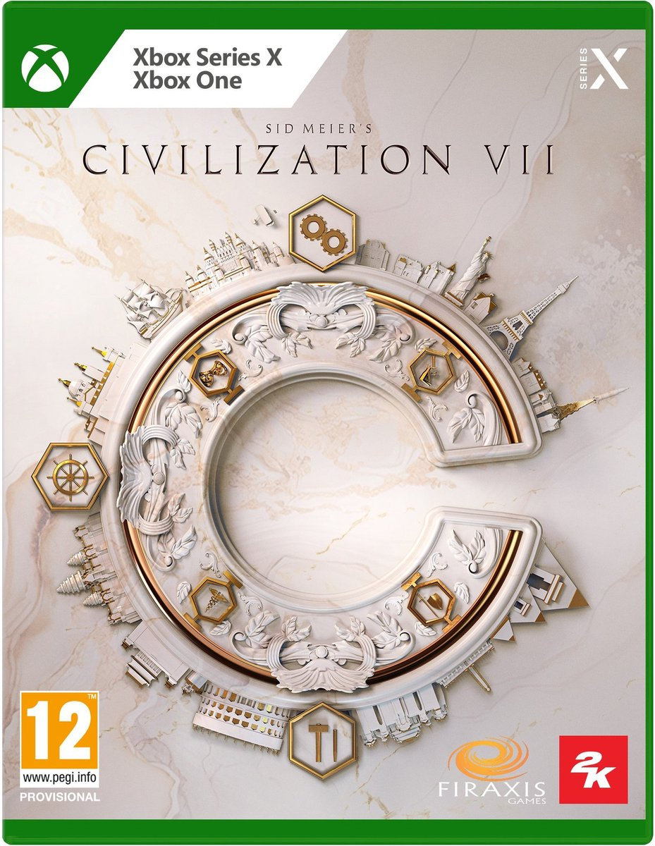 Gamecover voor Sid Meier's Civilization VII op Xbox Series X en Xbox One. Met een witte achtergrond.