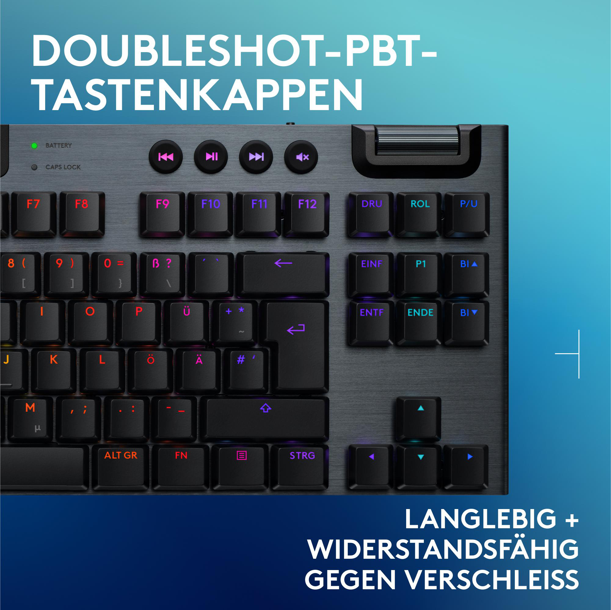 Nahaufnahme einer schwarzen Tastatur mit weißen und lila Tasten.