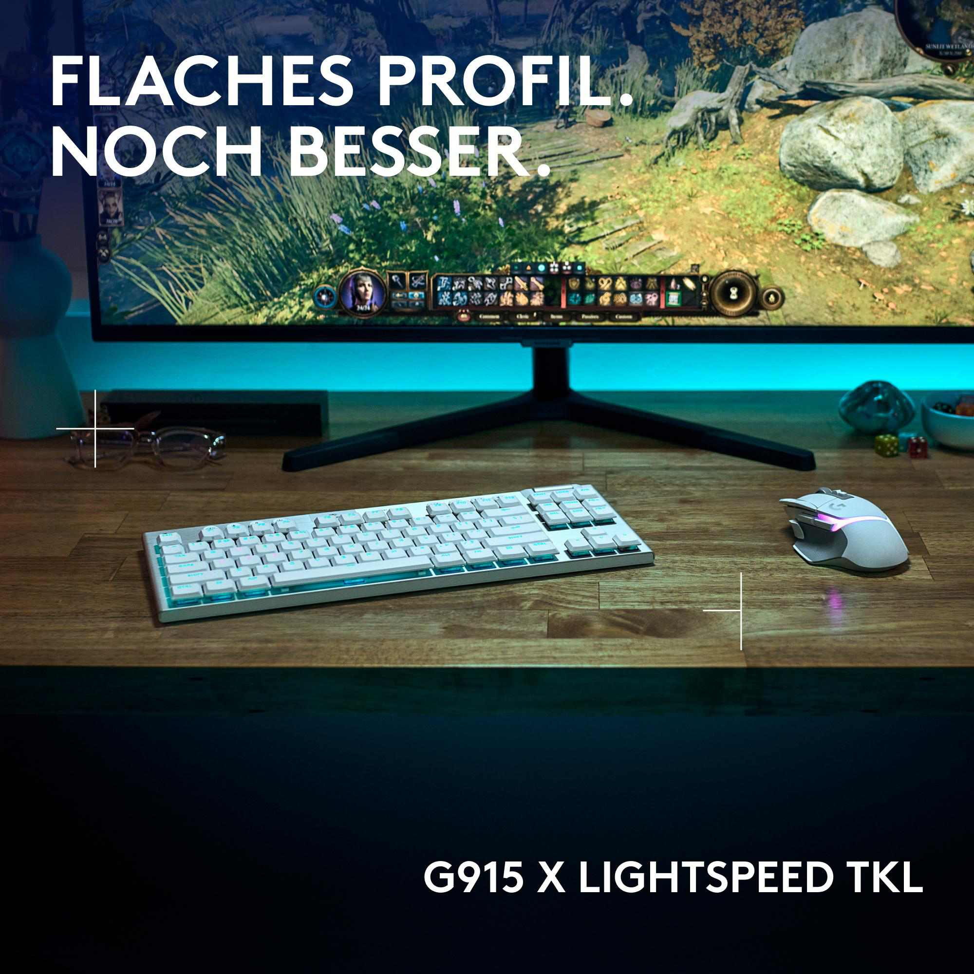 Desktop-Setup mit Tastatur, Maus und Monitor. Text: 'G915 X LIGHTSPEED TKL' und 'FLACHES PROFIL. NOCH BESSER'.