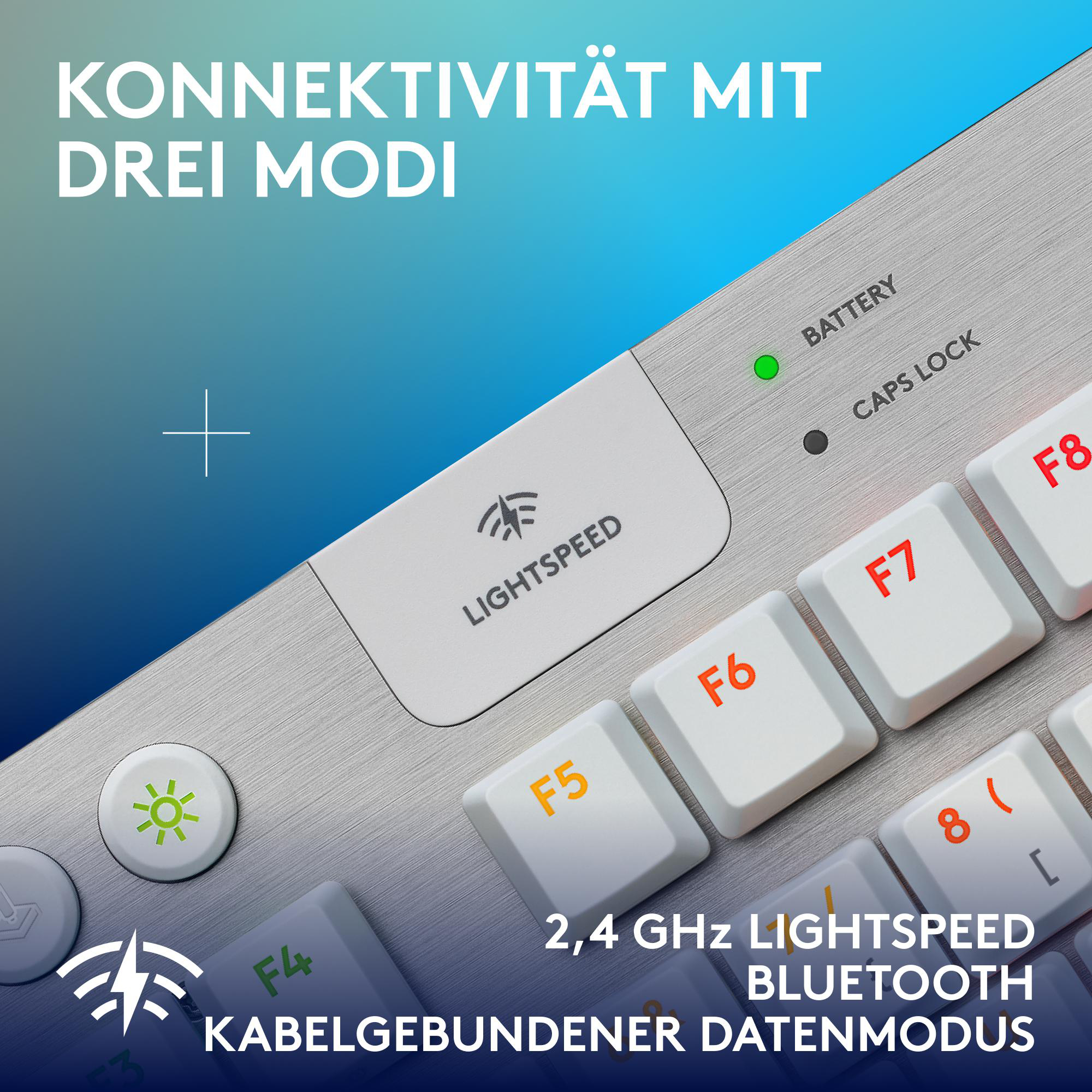 Tastatur mit mehreren Verbindungsmodi. Lichtgeschwindigkeit und Bluetooth sind gezeigt.