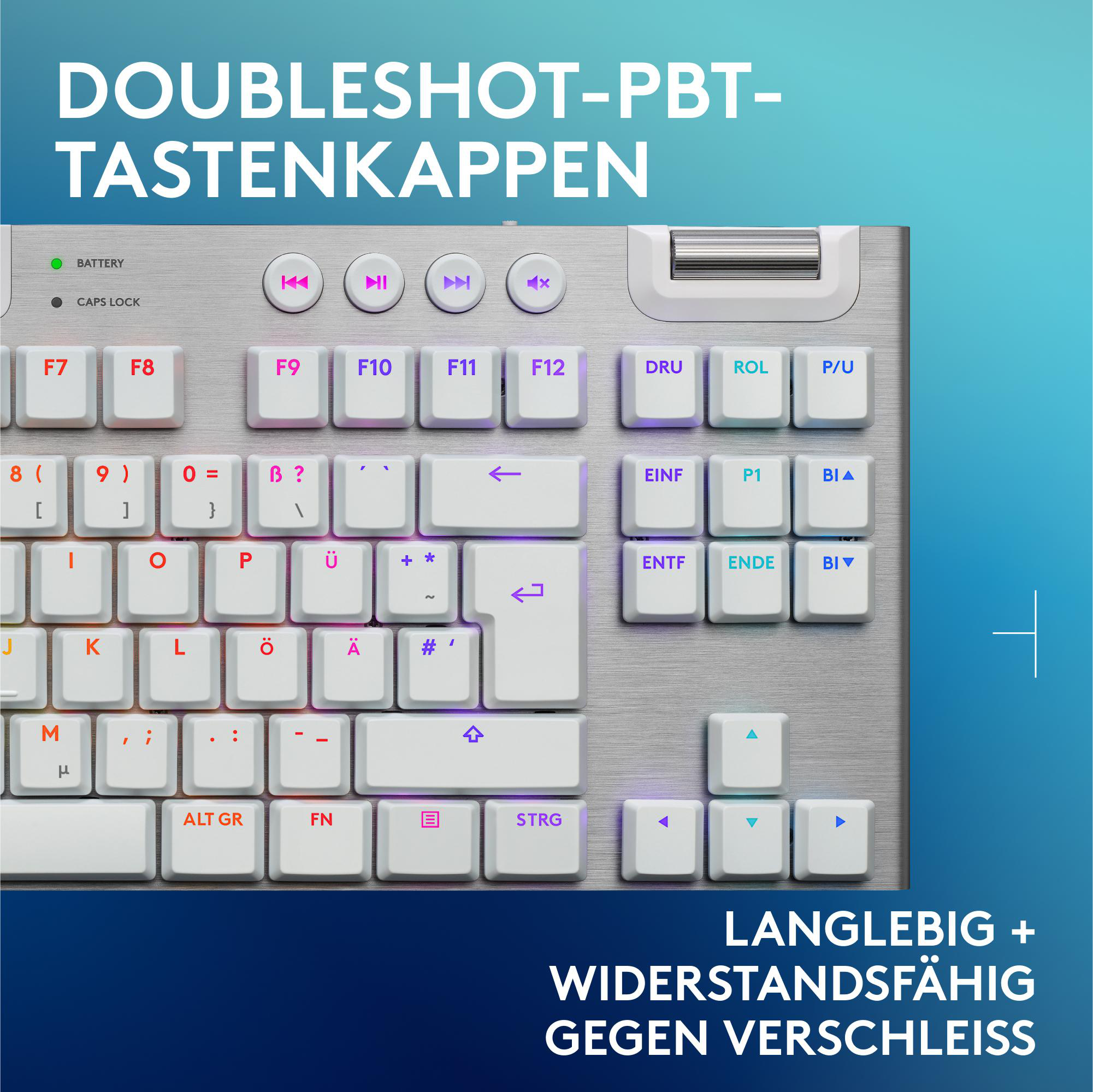 Eine weiße Tastatur mit silberner Oberseite. Die Tastatur hat viele Tasten.