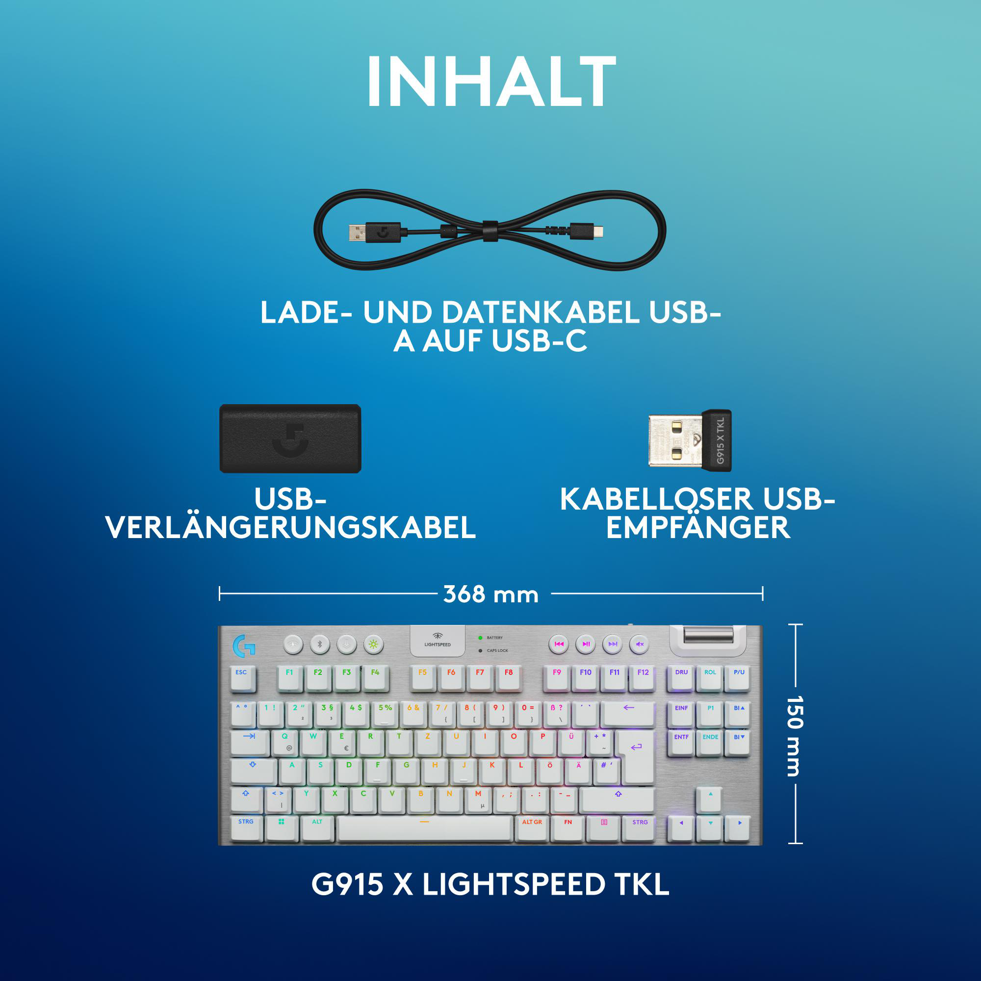 Eine Tastatur mit Zubehör: USB-C-Kabel, USB-Verlängerung und ein kabelloser USB-Empfänger.