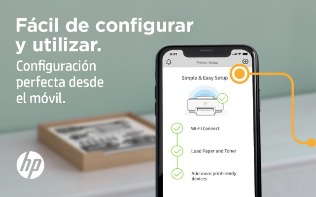 Pantalla de smartphone que muestra la interfaz de configuración de la impresora y el logotipo de HP.