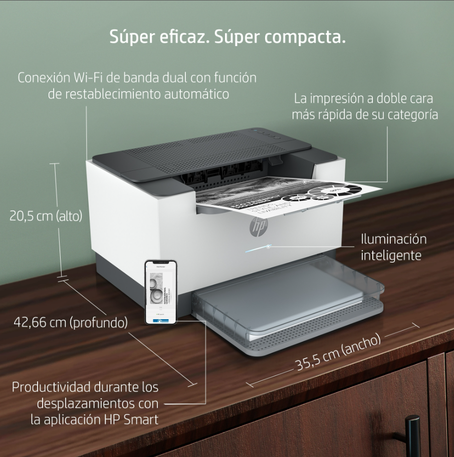Impresora con dimensiones, texto en español. También se ve un teléfono.