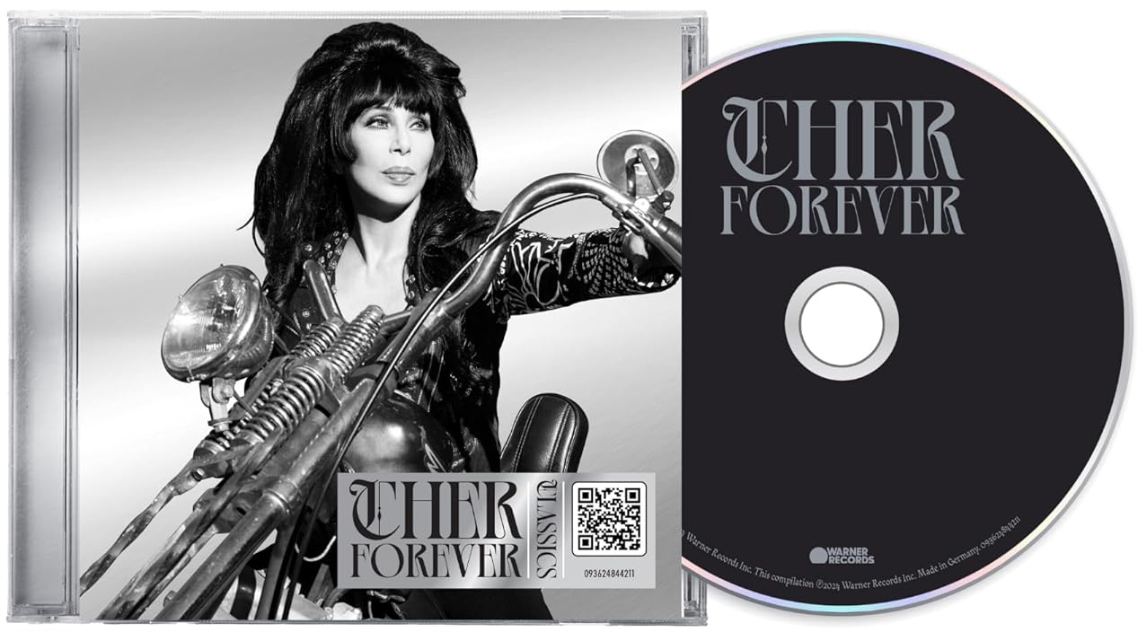 CD borító Cherrel motoron, a 'Cher Forever' címmel és a CD-vel.