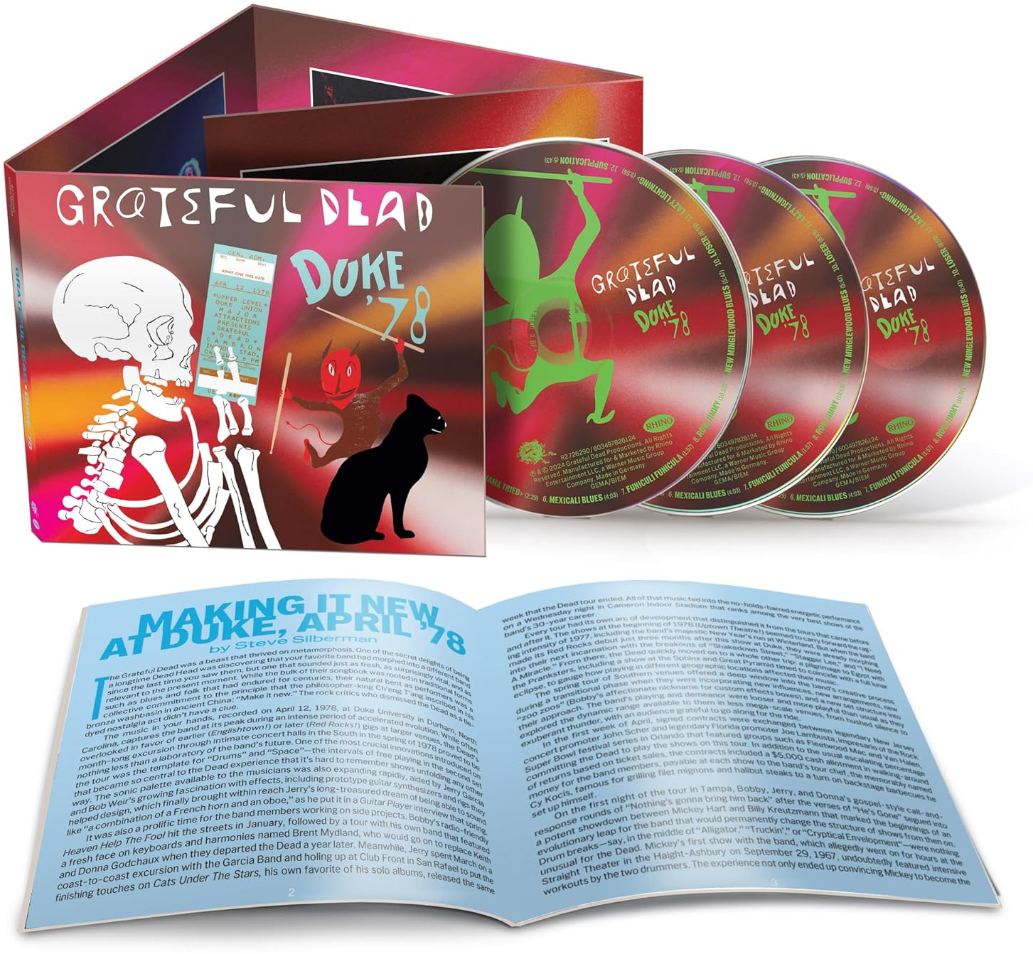 Grateful Dead 'Duke '78' albumborító. Koponya, fekete macska és koncertjegy művészet színes háttéren.