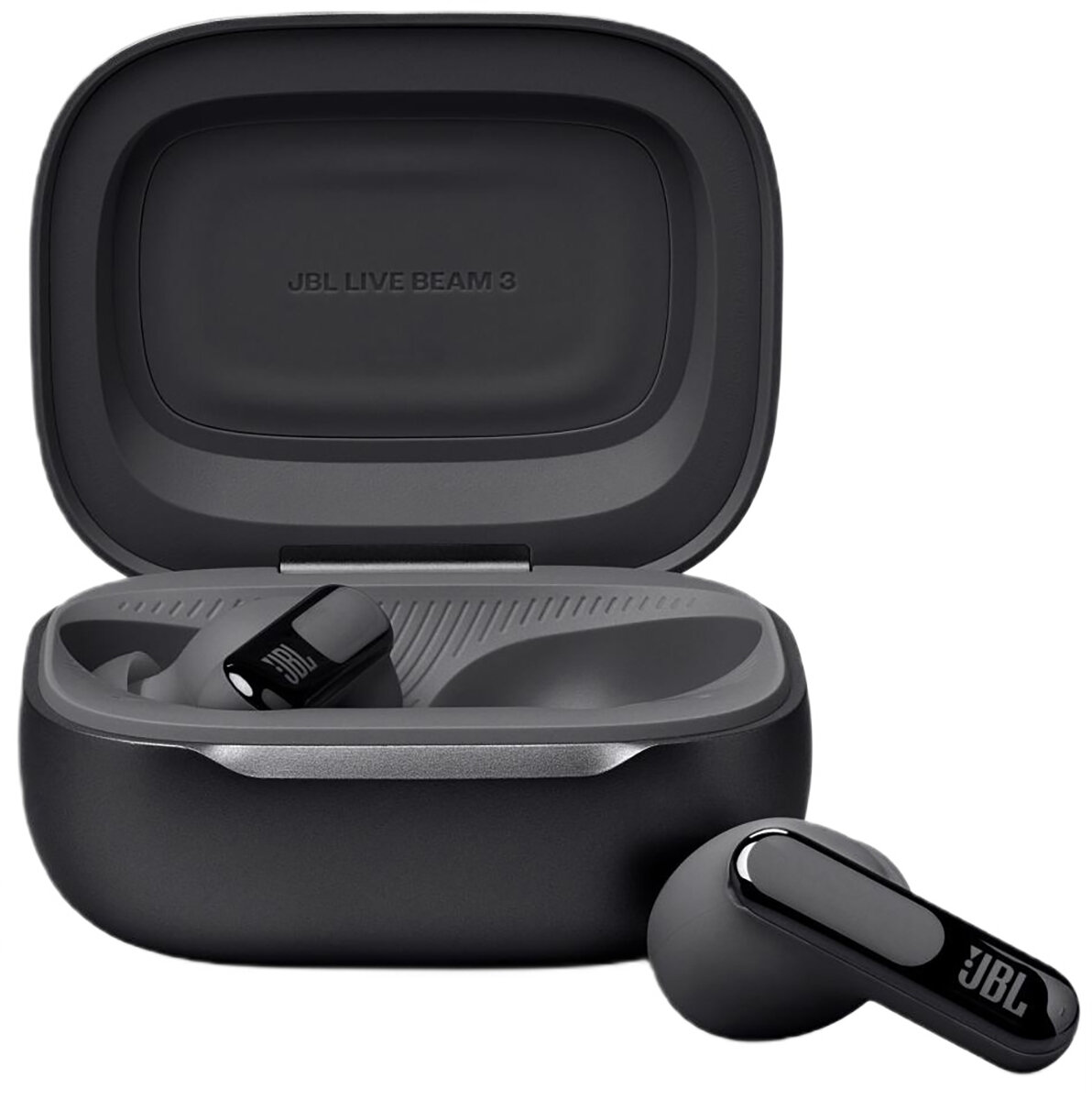 Czarne bezprzewodowe słuchawki w etui ładującym. Etui jest otwarte, pokazując słuchawki.