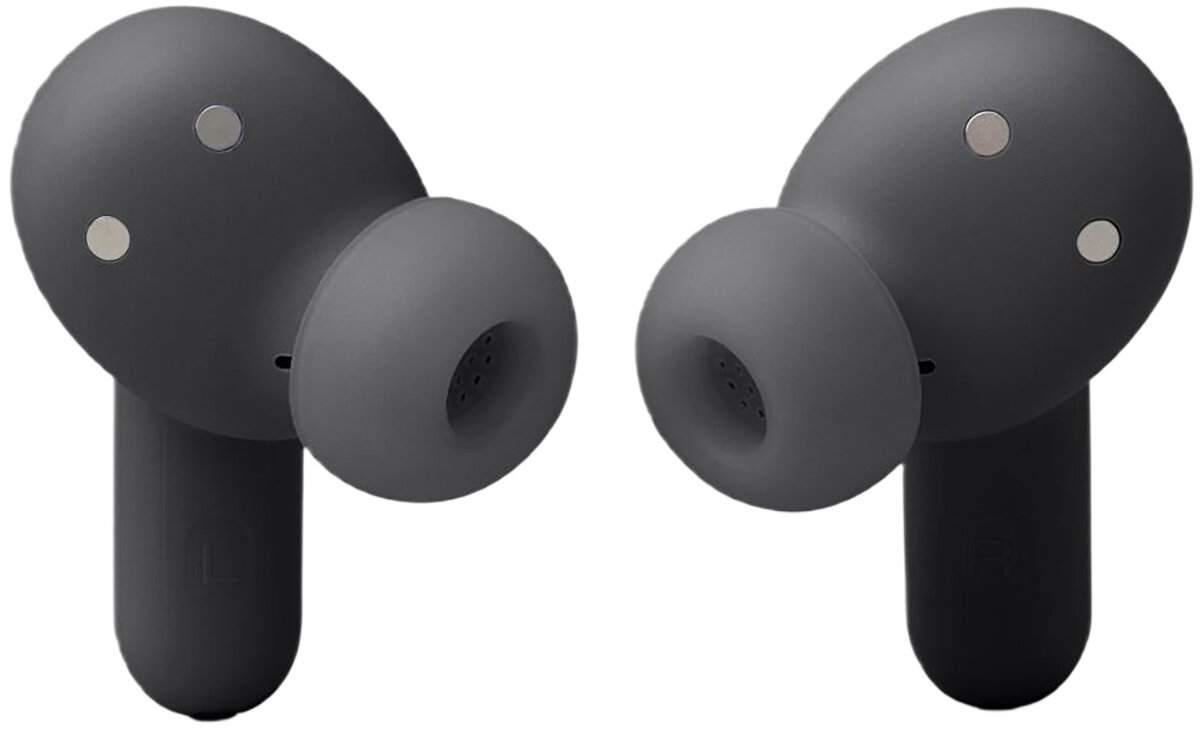 Dwa ciemnoszare słuchawki douszne, zbliżenie, białe tło.