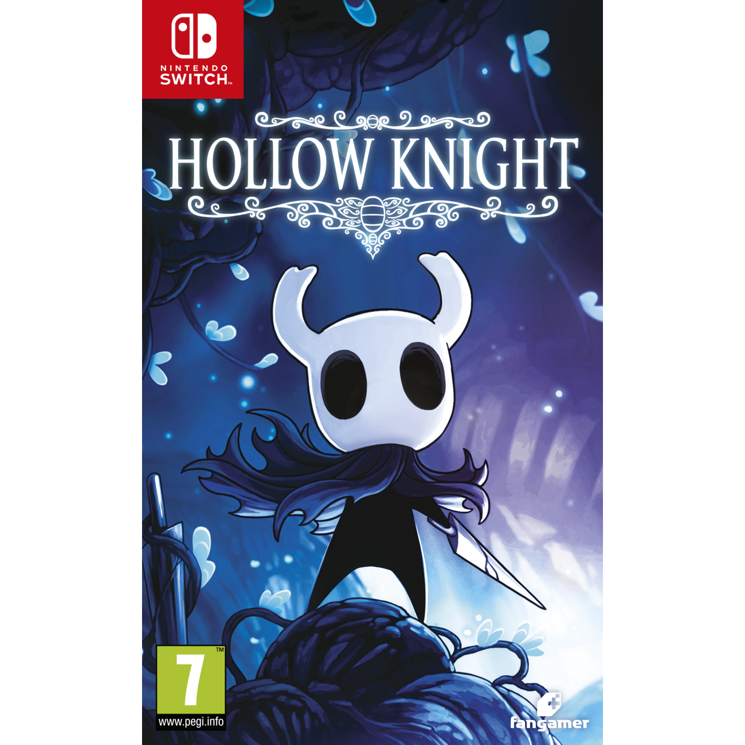 Nintendo Switch game cover, Hollow Knight, toont een ridderfiguur met een donkere achtergrond.
