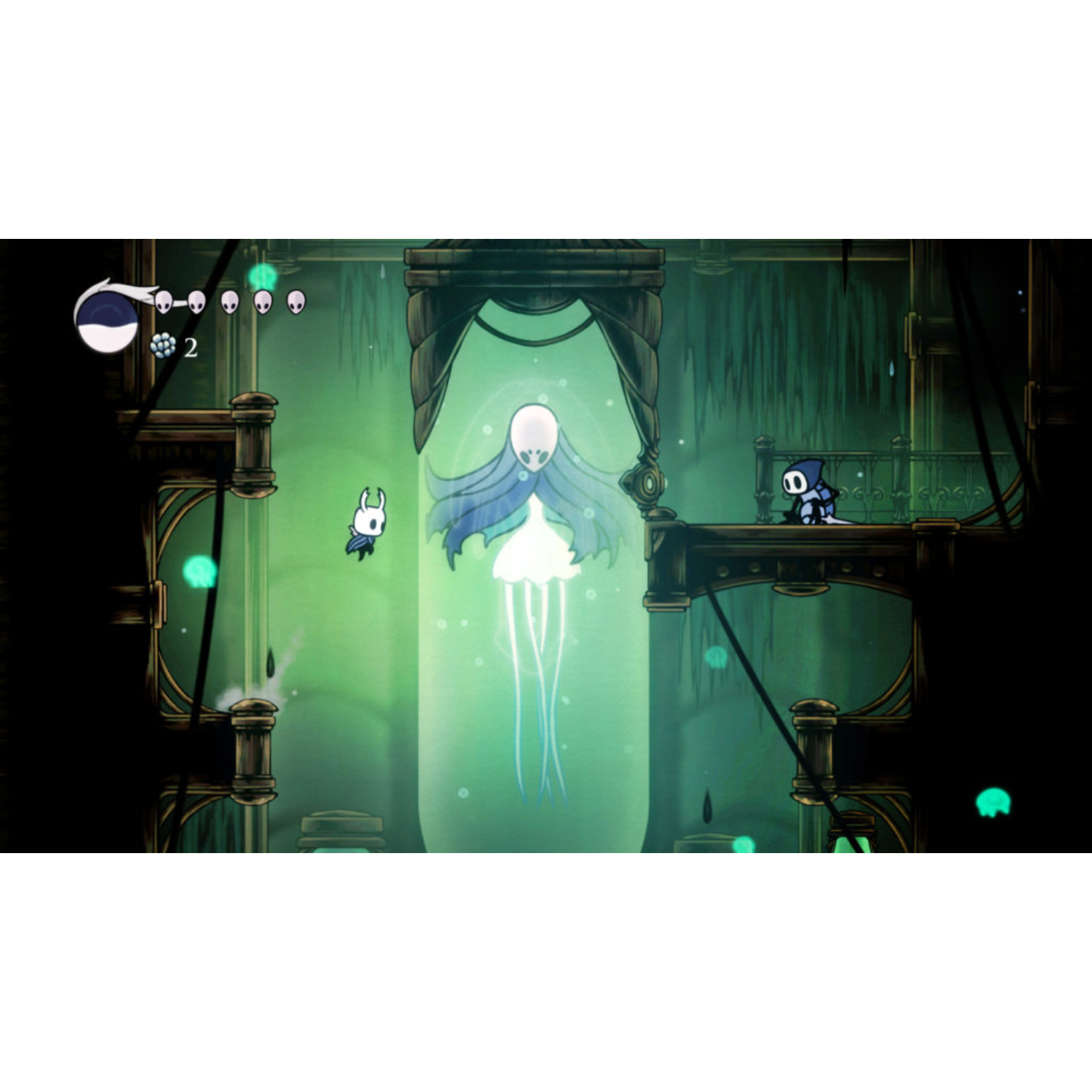 Een videogame-scène. Een gloeiend wit wezen in een grote buis, twee personages op platforms.