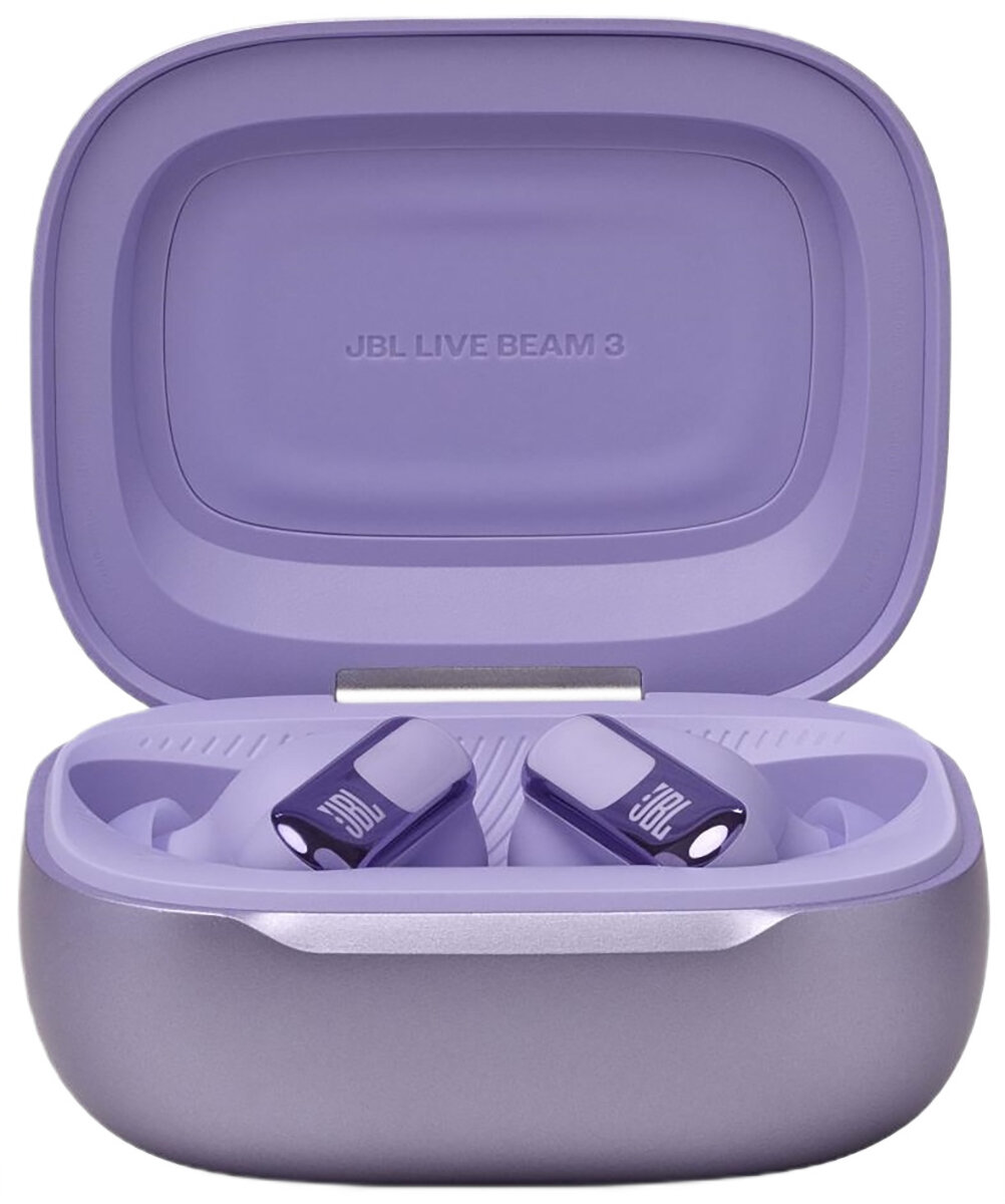 Fioletowe słuchawki JBL w etui ładującym. Etui również jest fioletowe.