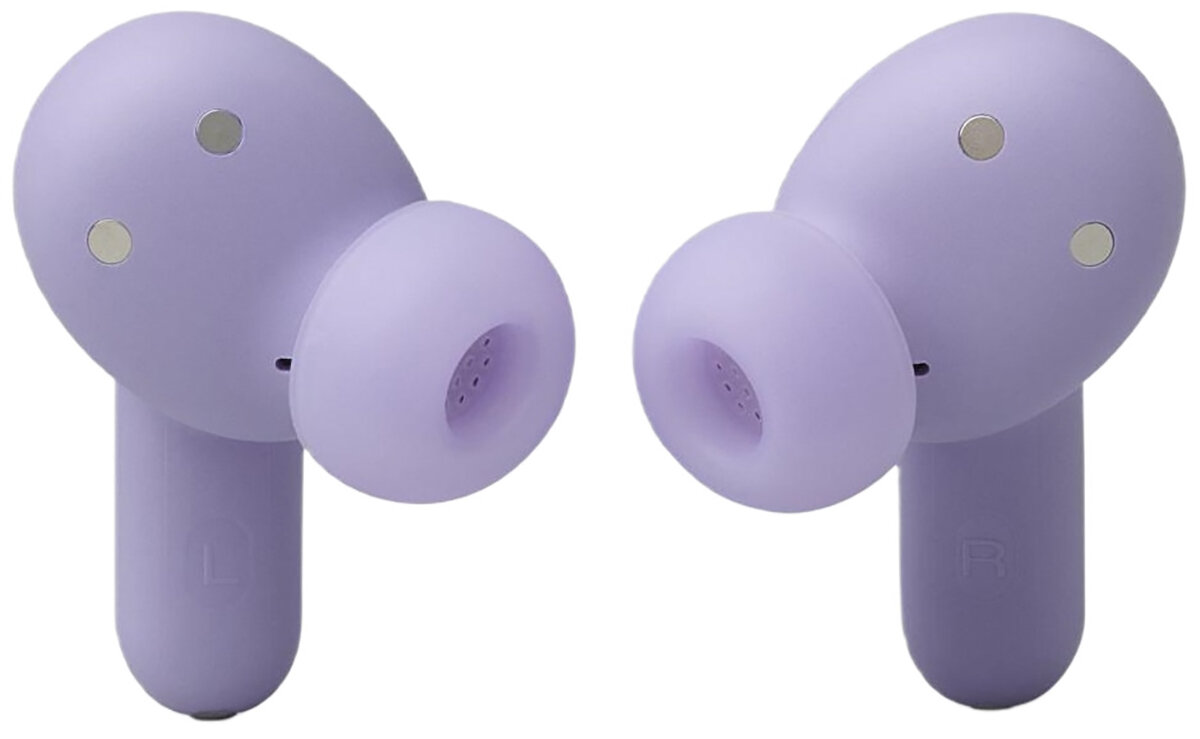 Dwa fioletowe bezprzewodowe słuchawki, skierowane do góry, na białym tle. Lewy to 'L'.