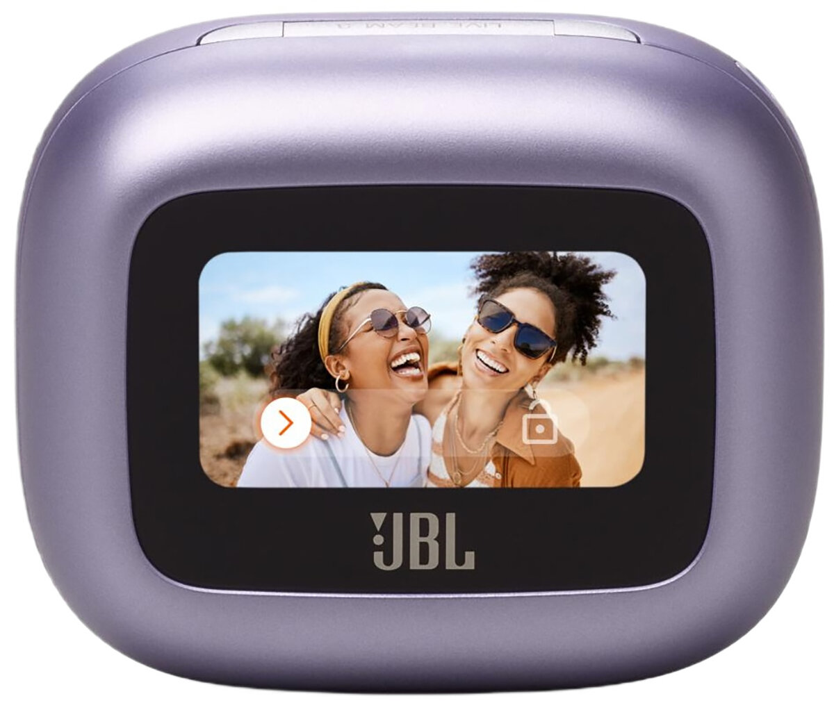 Małe, fioletowe urządzenie audio z ekranem wyświetlającym dwie osoby śmiejące się.
