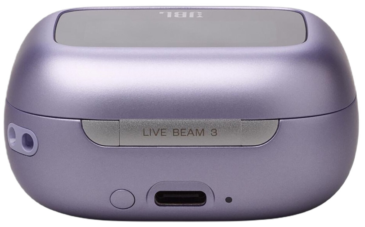 Fioletowe etui ładujące do słuchawek dousznych z logo JBL Live Beam 3. Widoczny port ładowania.