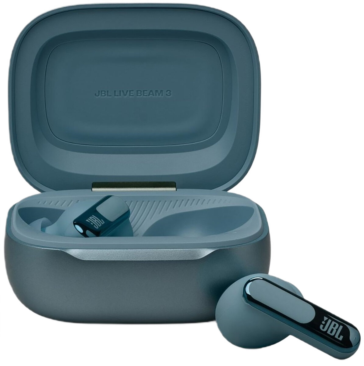 Niebieskie słuchawki JBL w etui, gotowe do słuchania. Widoczne logo JBL.