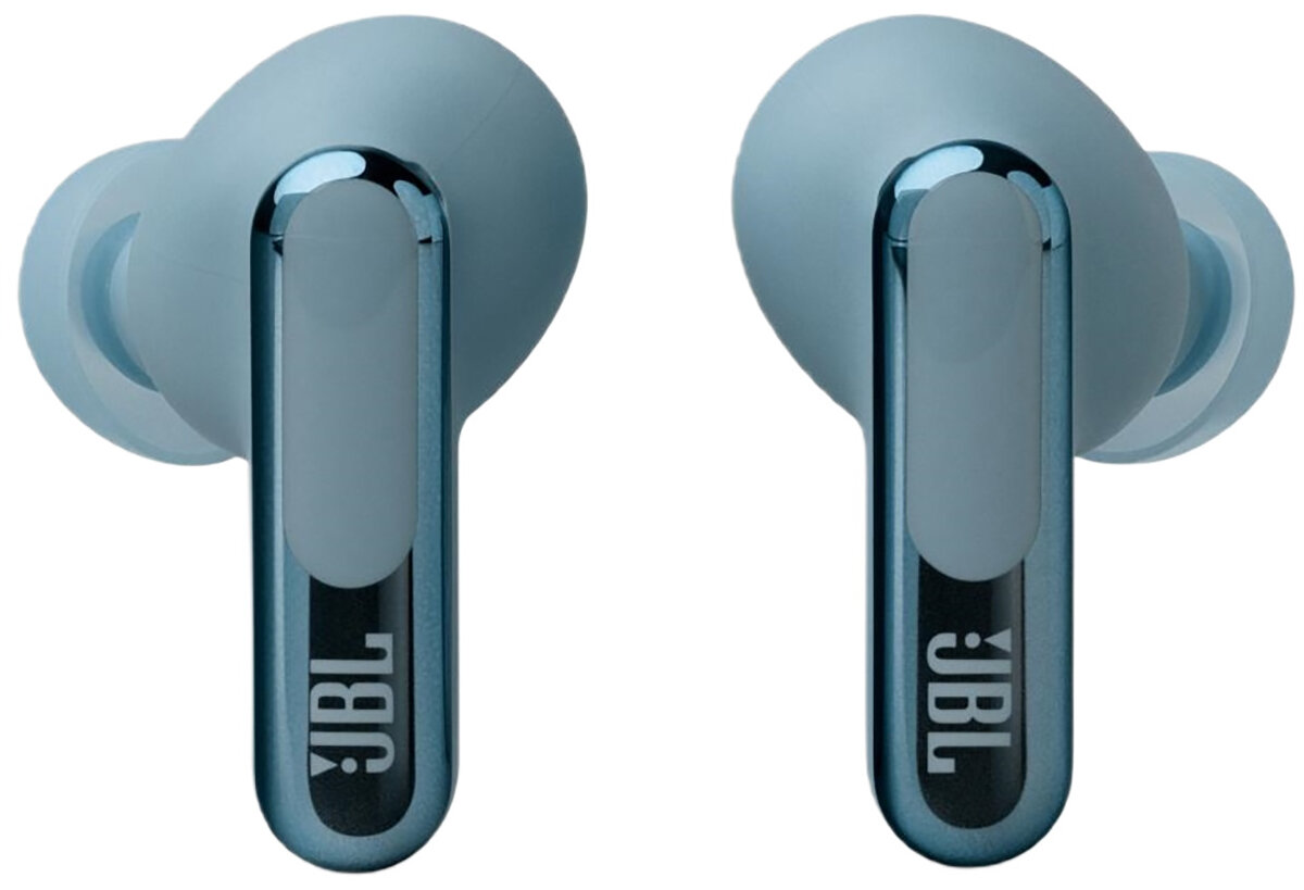 Dwa niebiesko-srebrne bezprzewodowe słuchawki JBL, skierowane do góry, z logo JBL.