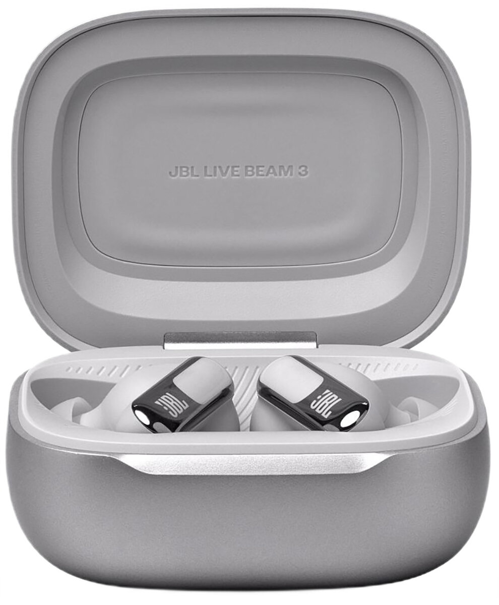 Para szarych słuchawek w szarej obudowie ładującej. Obudowa jest otwarta.