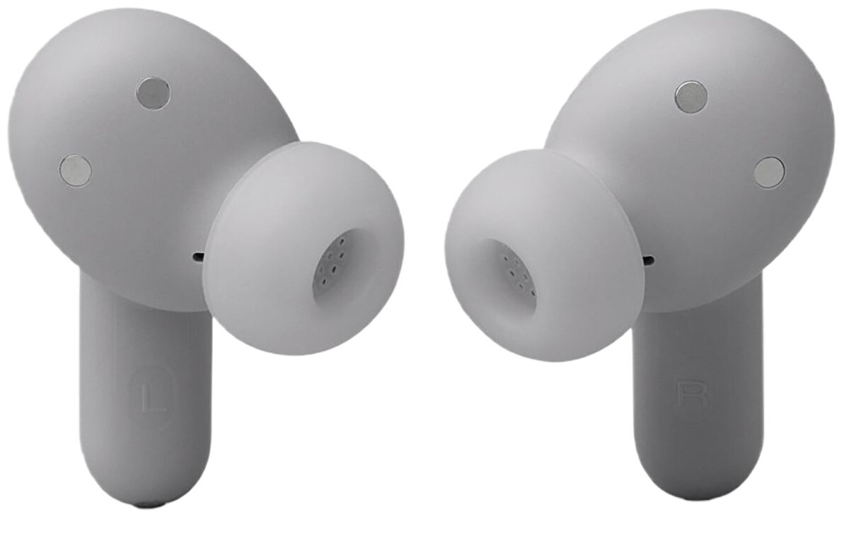 Dwa jasno szare wkładki douszne. Każda ma mały czarny otwór i małą dziurkę. Jedna ma L, druga R.