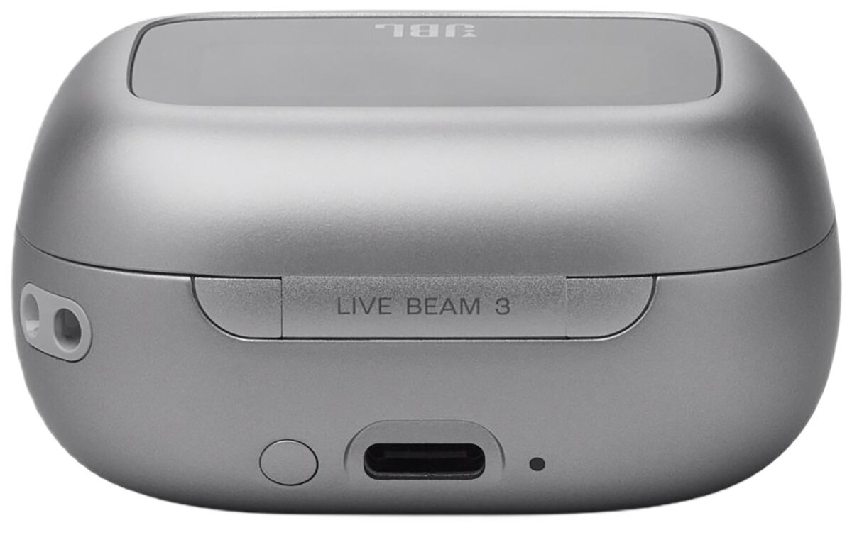 Zamknięte, szare etui na słuchawki JBL Live Beam 3. Zawiera nazwę marki.