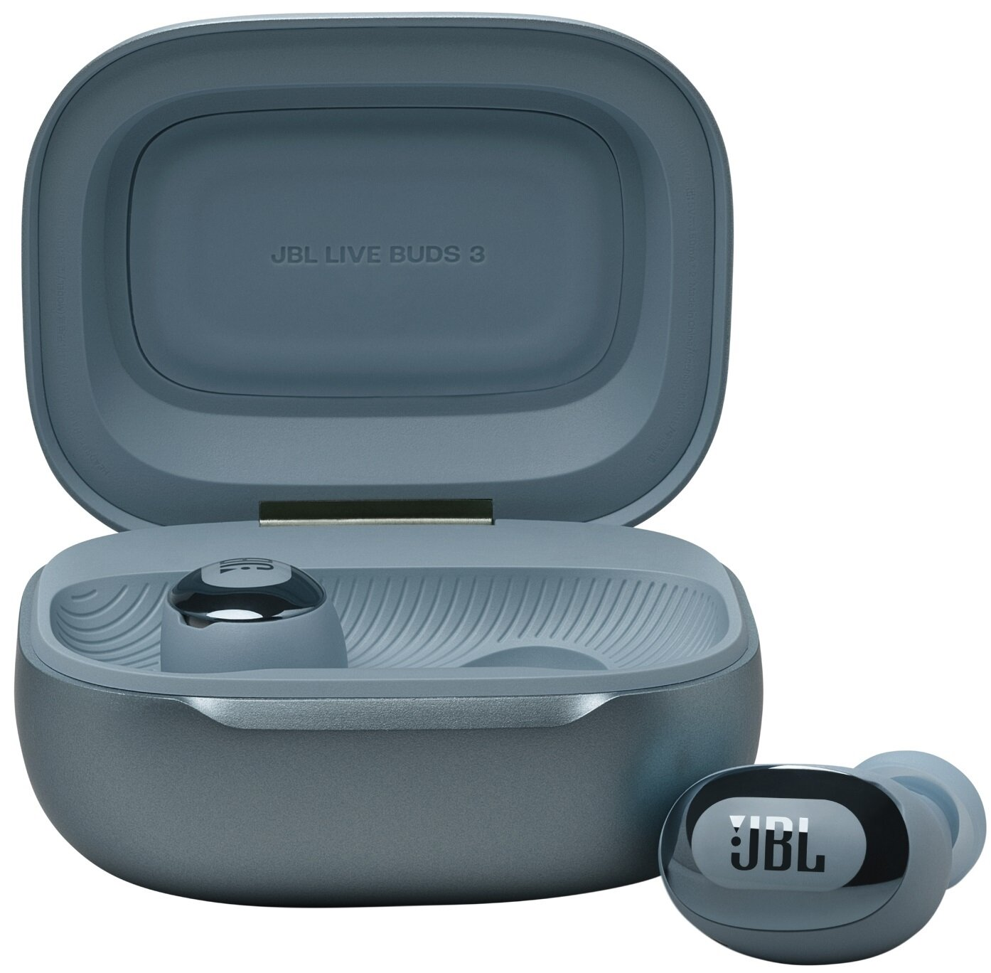 Niebieskie etui na słuchawki otwarte z jedną wkładką douszną w środku. Druga wkładka jest obok etui. Oba mają białe logo JBL.