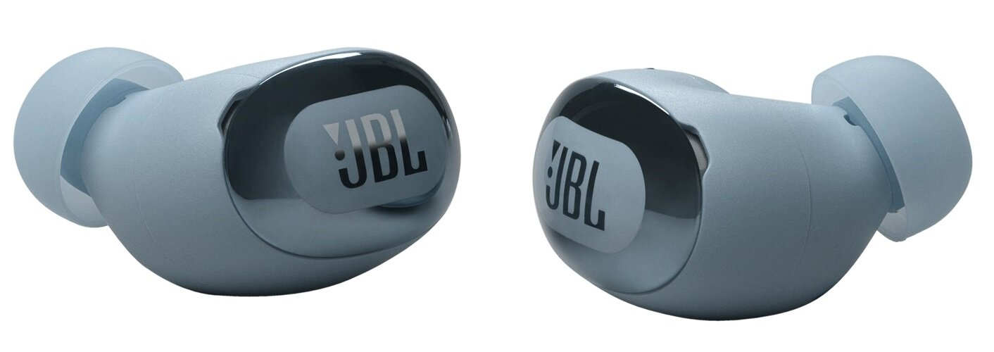 Dwa bezprzewodowe słuchawki, niebieski kolor, logo JBL, na białym tle.