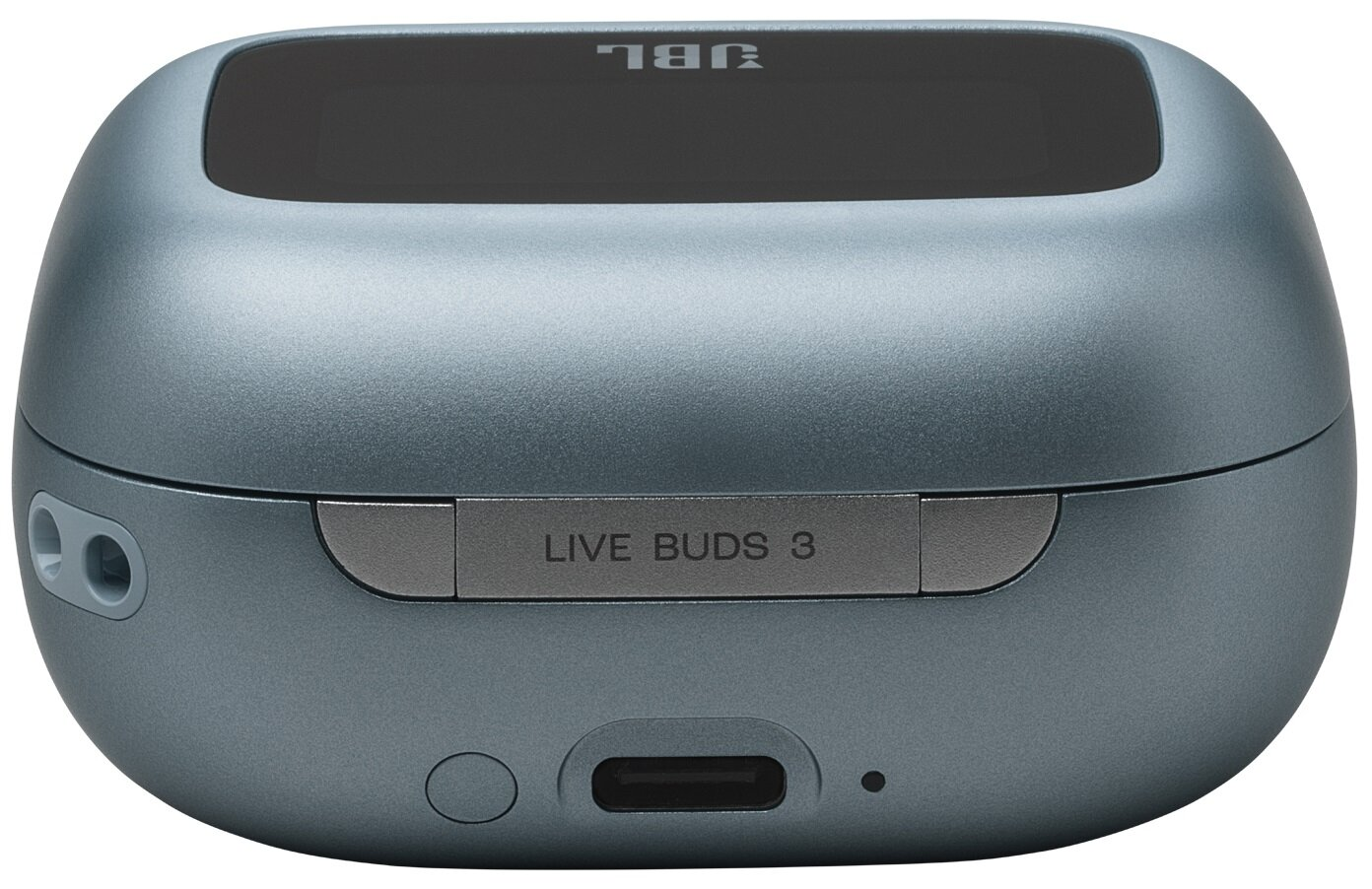 Turkusowe etui ładujące JBL Live Buds 3 z portem USB-C i logo JBL na górze.