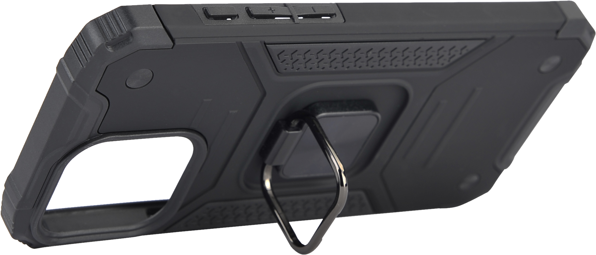 Une coque de téléphone noire avec un support d'anneau à l'arrière.