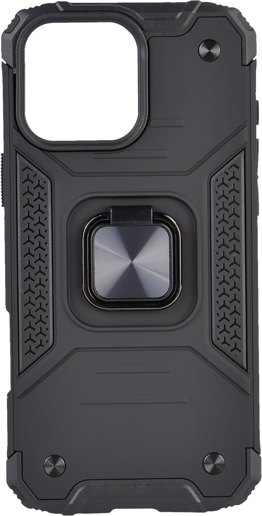 Coque de téléphone noire avec un support de bague, sur une surface noire et texturée.