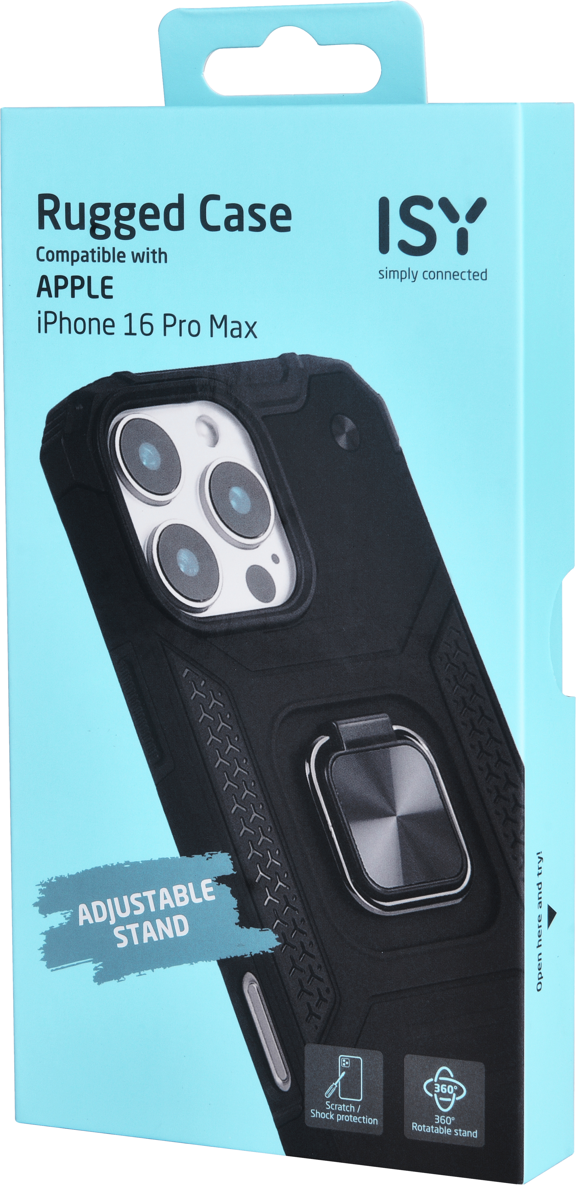 Boîte de coque de téléphone avec coque robuste, support réglable et détails du produit.