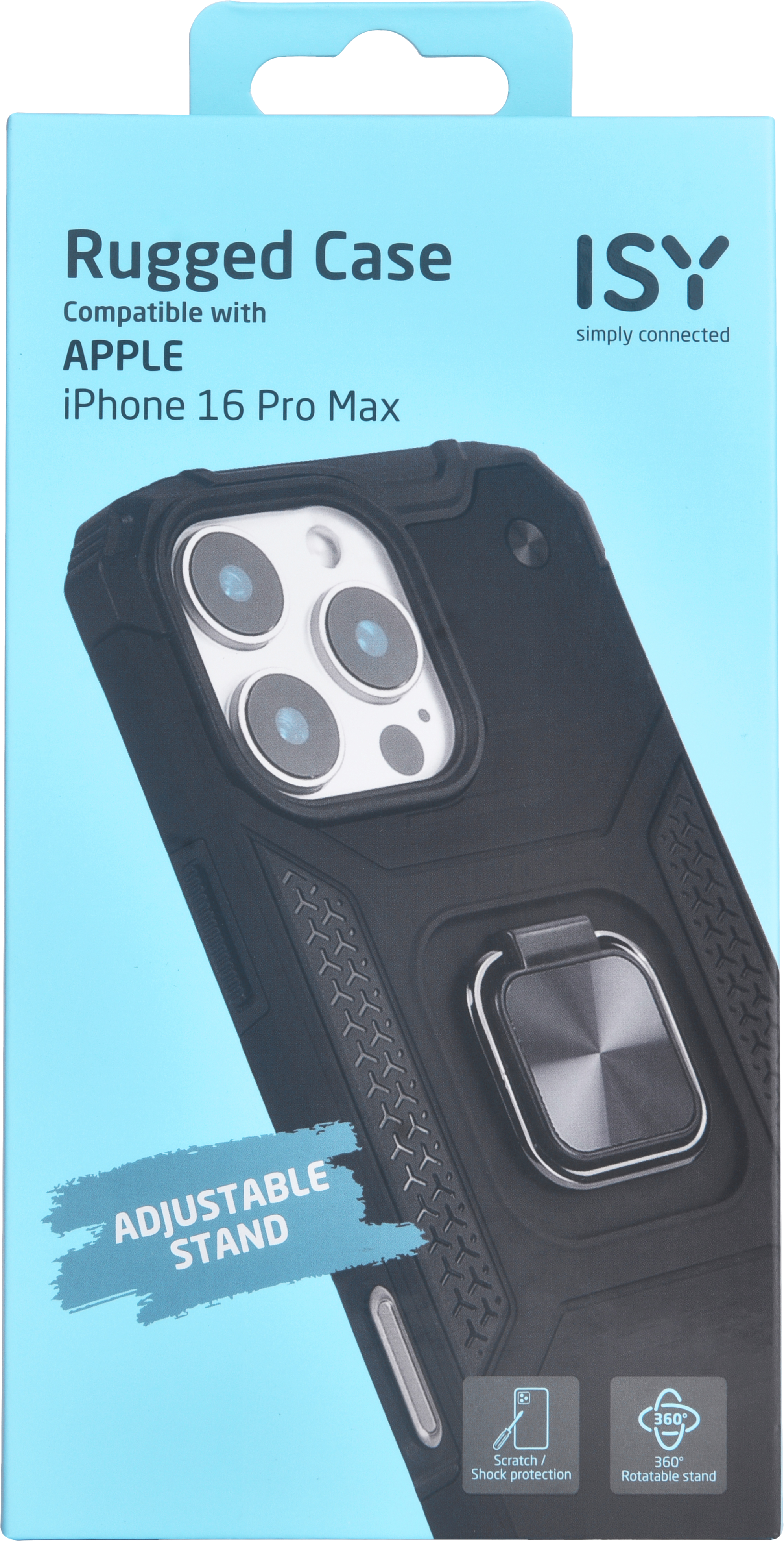 Coque noire pour iPhone dans une boîte bleue et blanche.