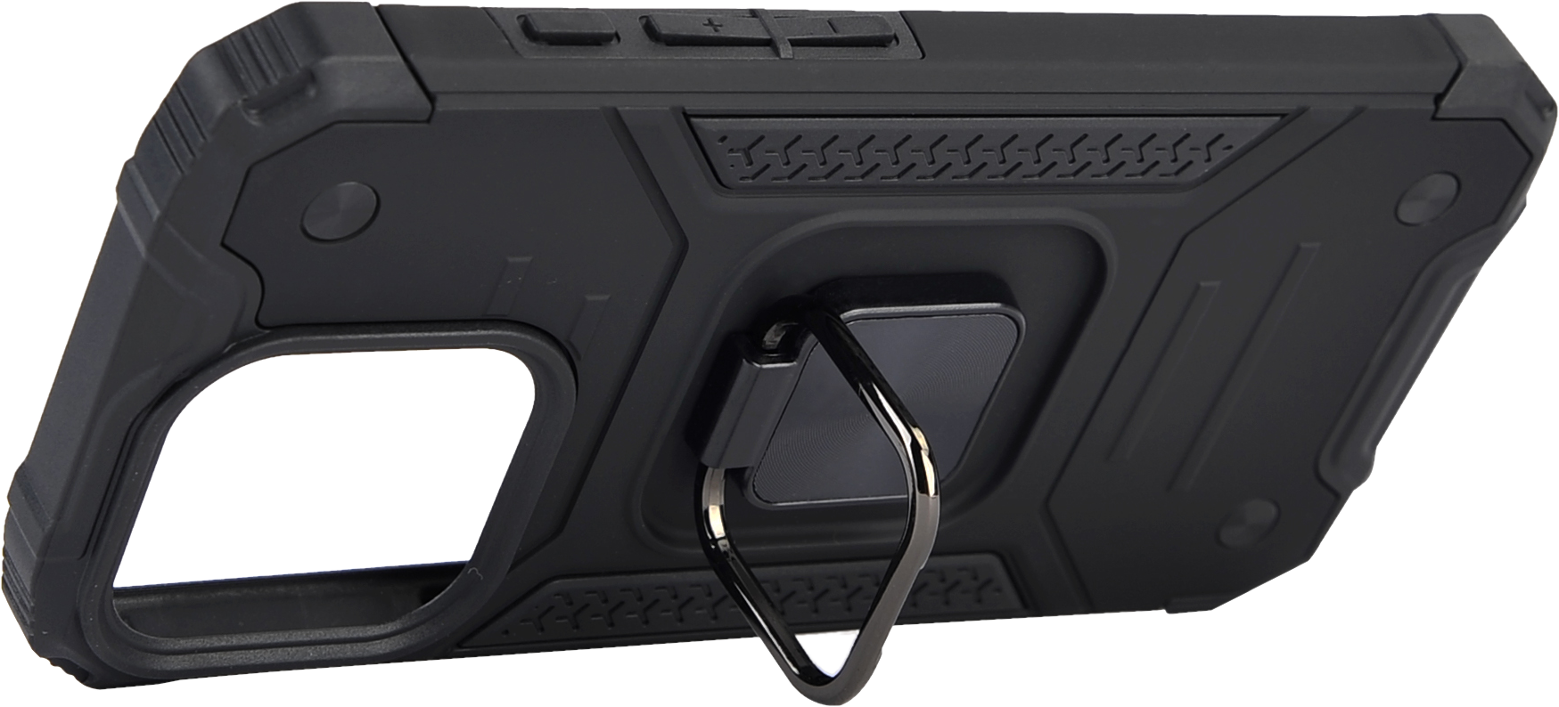 Une coque de téléphone noire avec un support de bague. L'étui a un design robuste. Fond blanc.