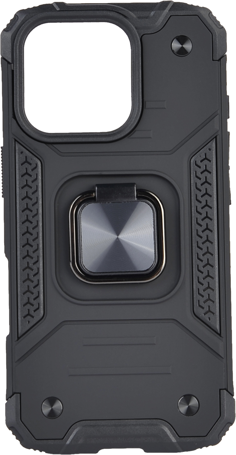 Coque de téléphone noire avec un porte-anneau. La coque est robuste et a un design texturé. Le fond est noir.