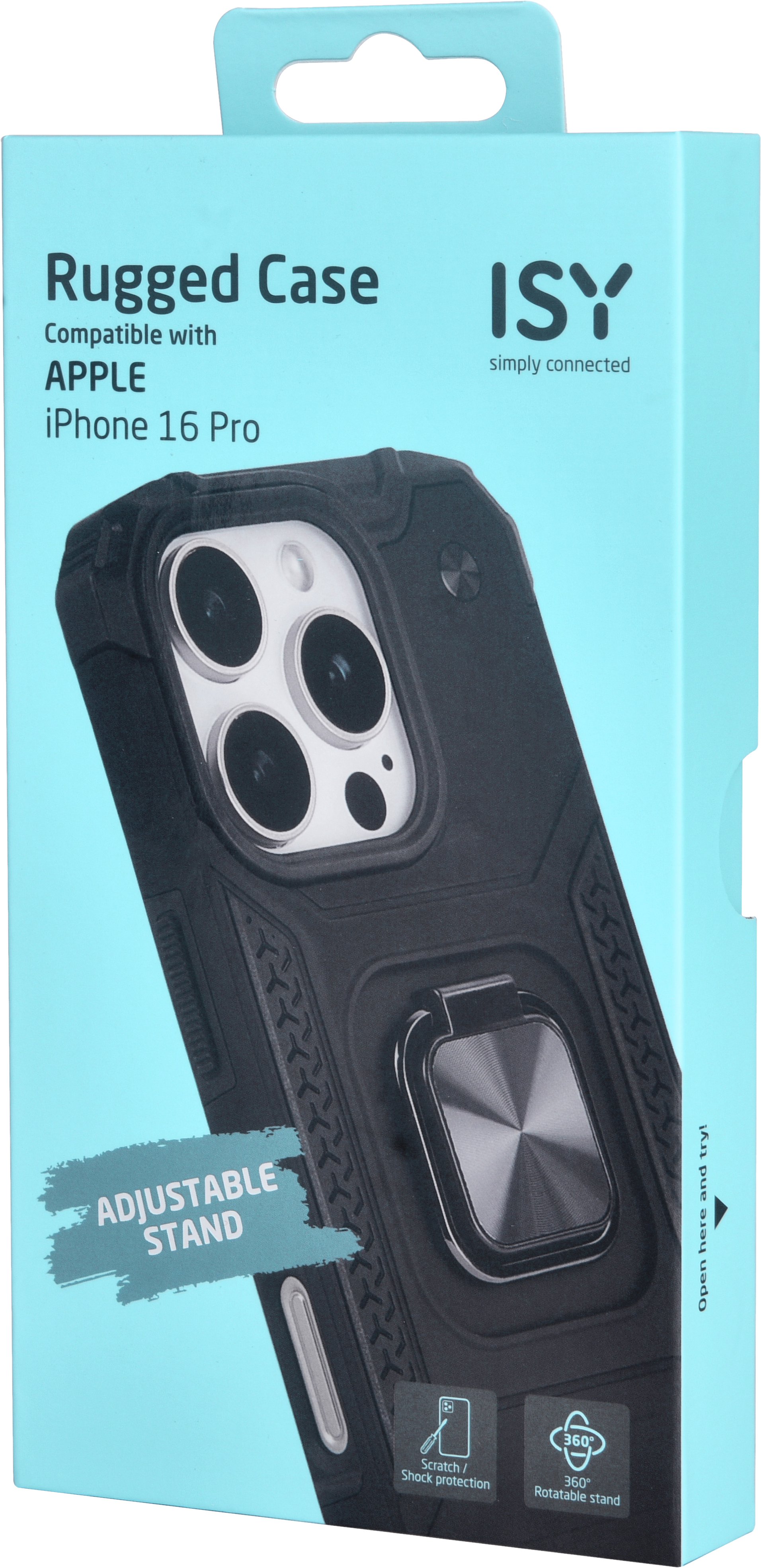 Un étui de téléphone dans une boîte avec un support réglable, compatible avec l'iPhone 16 Pro.