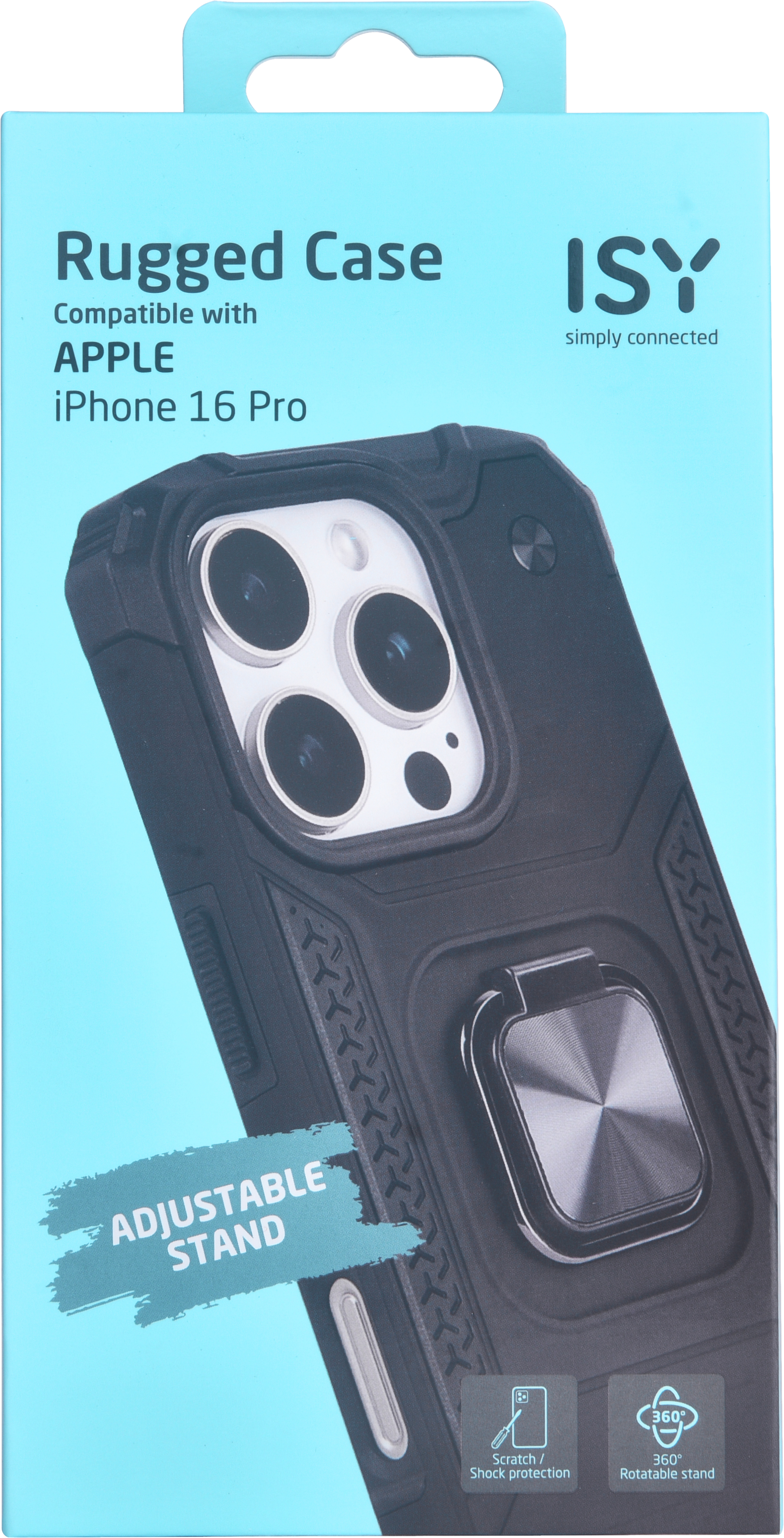 Coque de téléphone robuste noire avec support de bague. Compatible avec Apple iPhone.