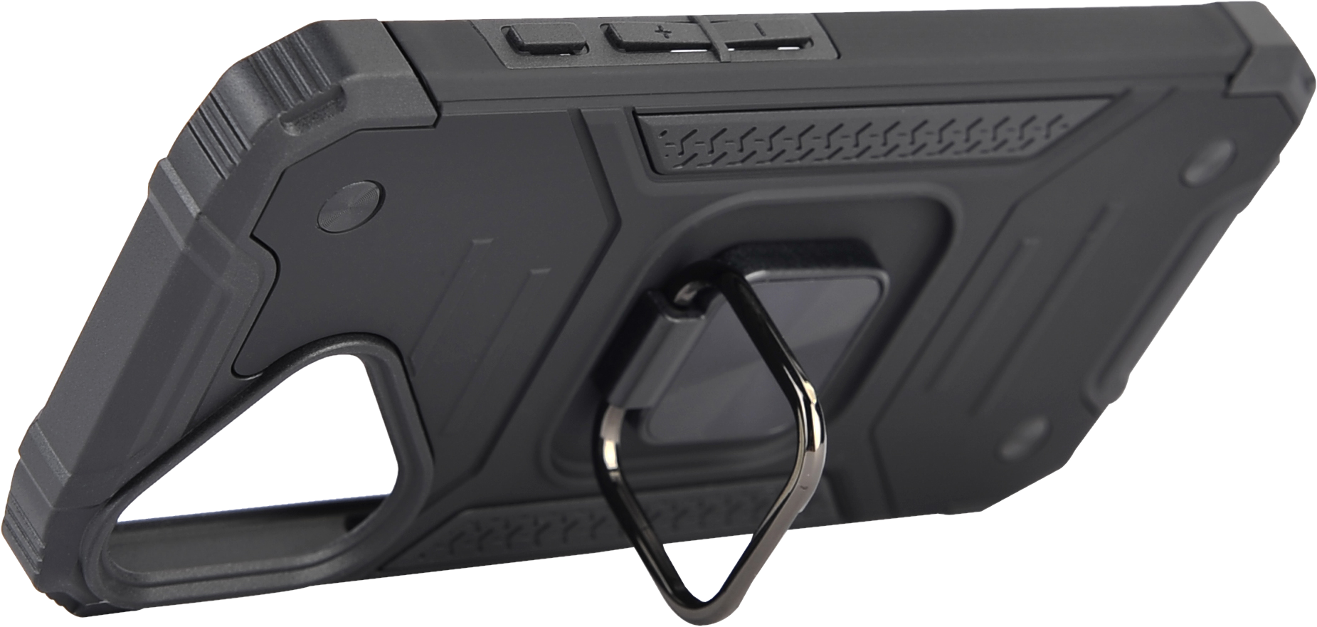 Coque de téléphone noire avec anneau de support, en biais sur fond noir.
