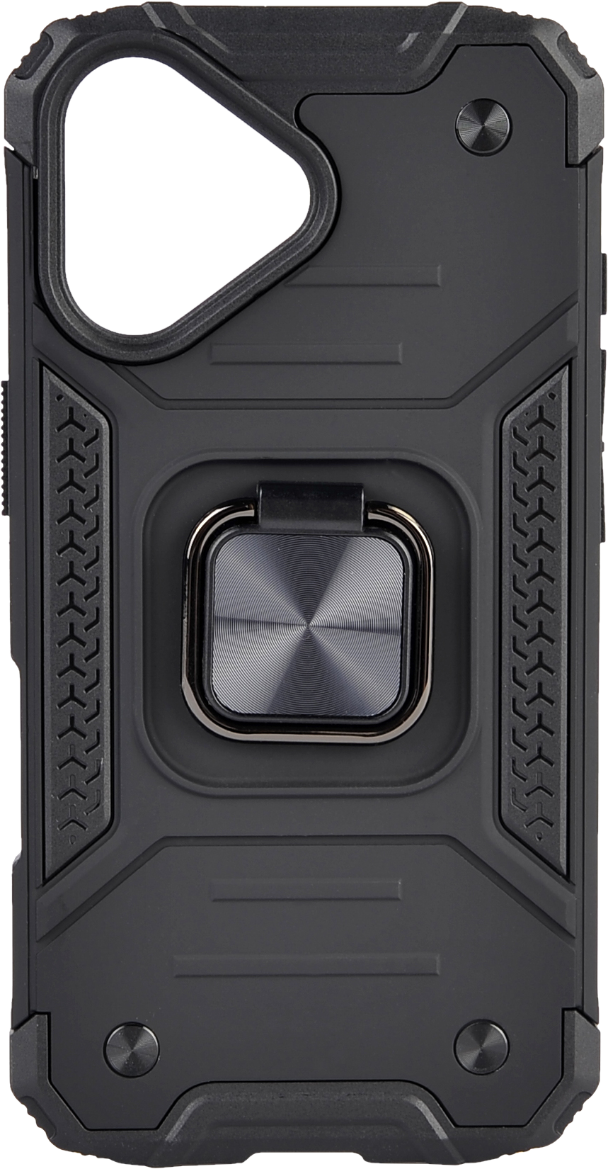 Une coque de protection noire avec un anneau argenté pour la prise et un design texturé.