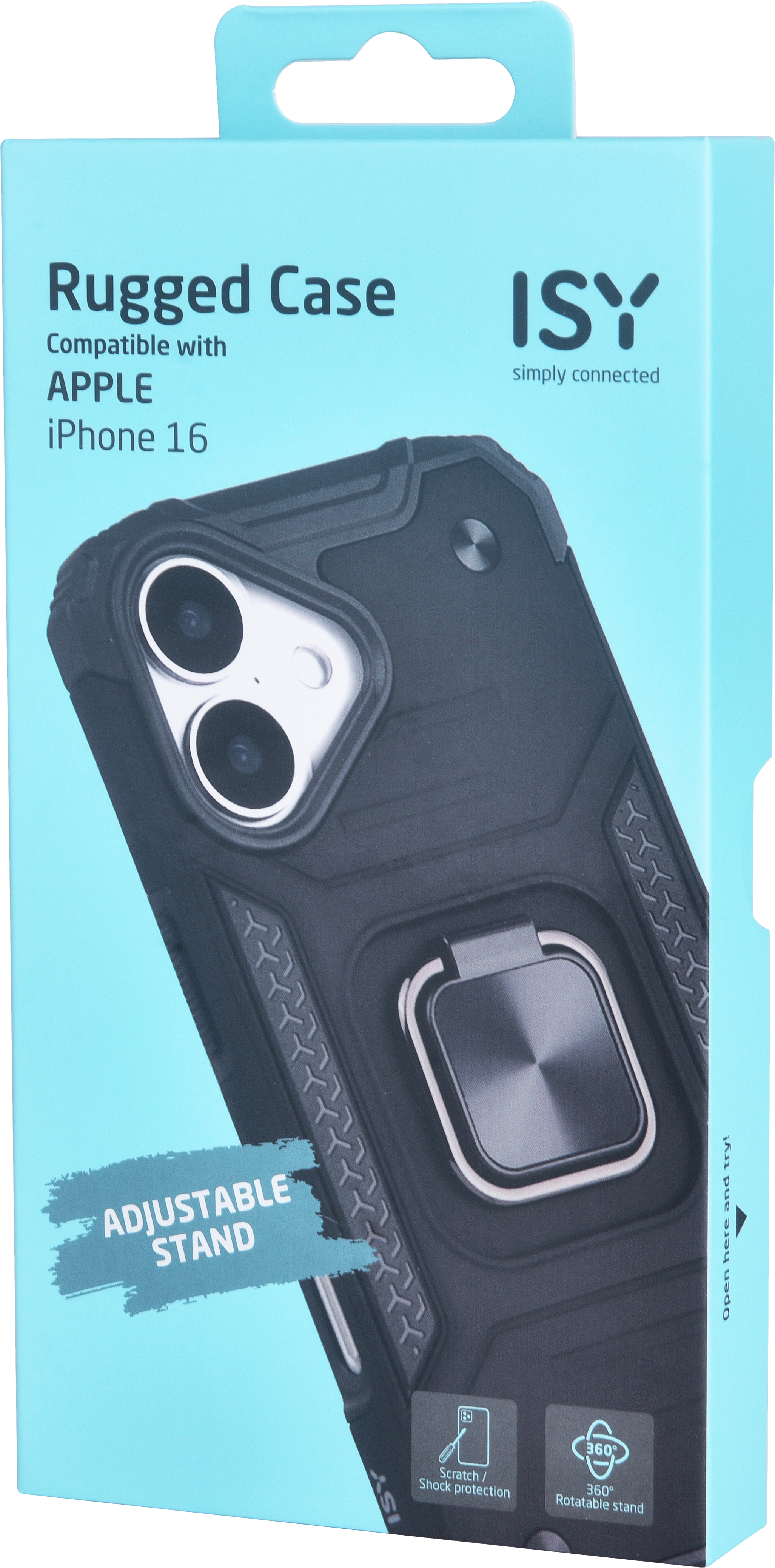 Boîte avec coque de téléphone. La coque est noire et possède un porte-anneau. Le texte sur la boîte dit : Rugged case, Adjustable Stand.