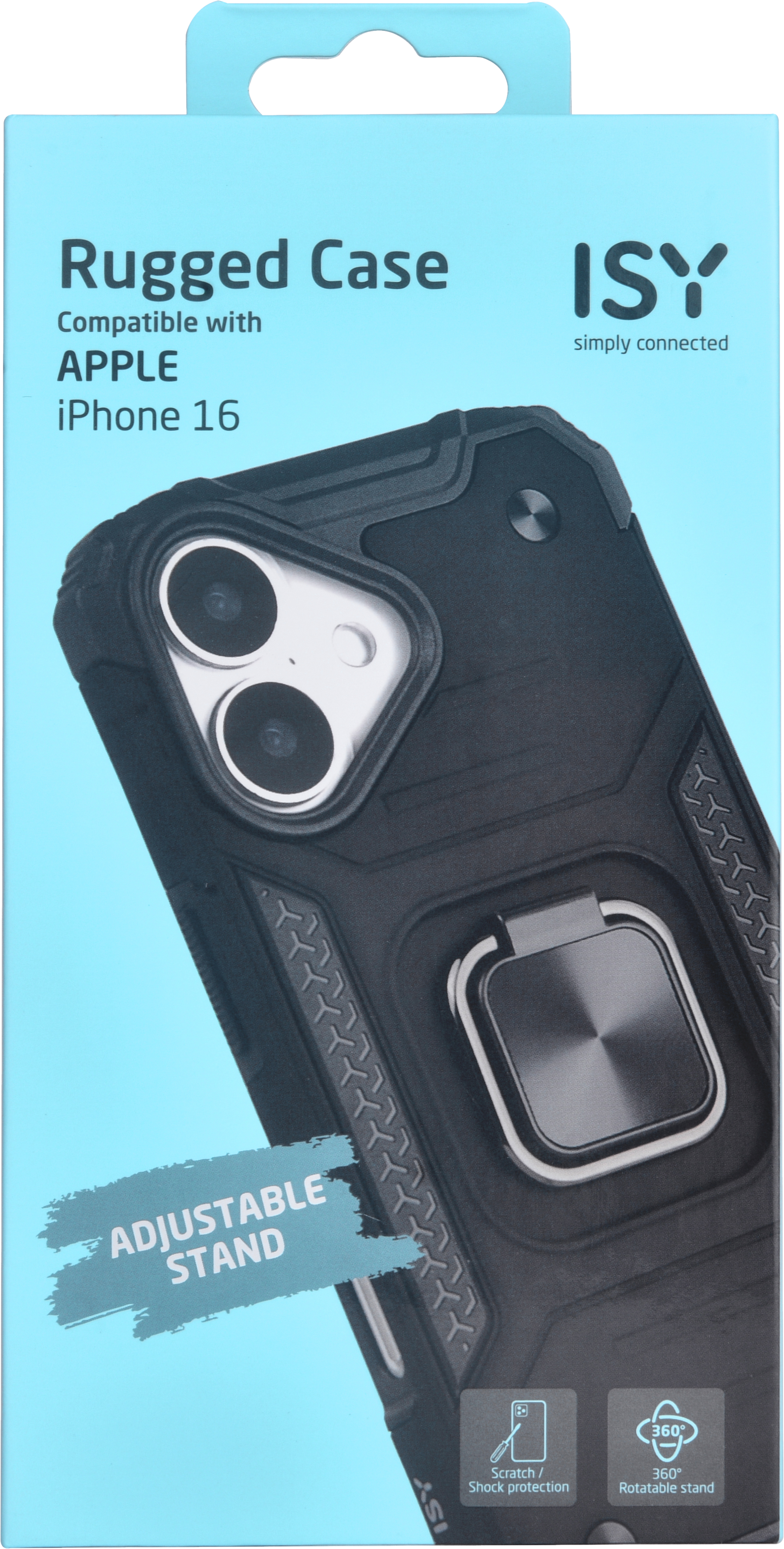 Un emballage de coque de téléphone. La coque est noire, avec un support à anneau, et est conçue pour un iPhone 16.